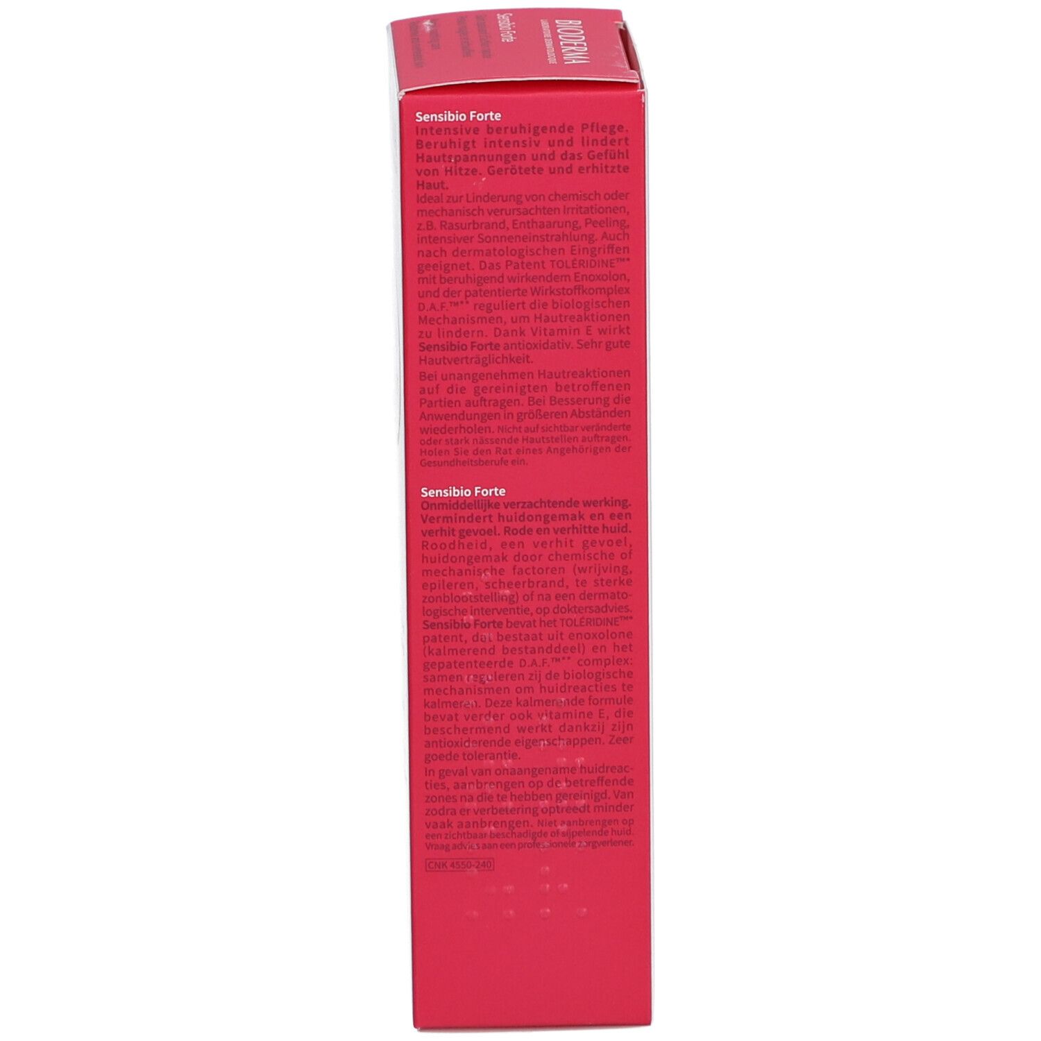 Rote Produktverpackung. Text in mehreren Sprachen. Aufschrift: Bioderma Sensibio Forte. Anwendungshinweise.