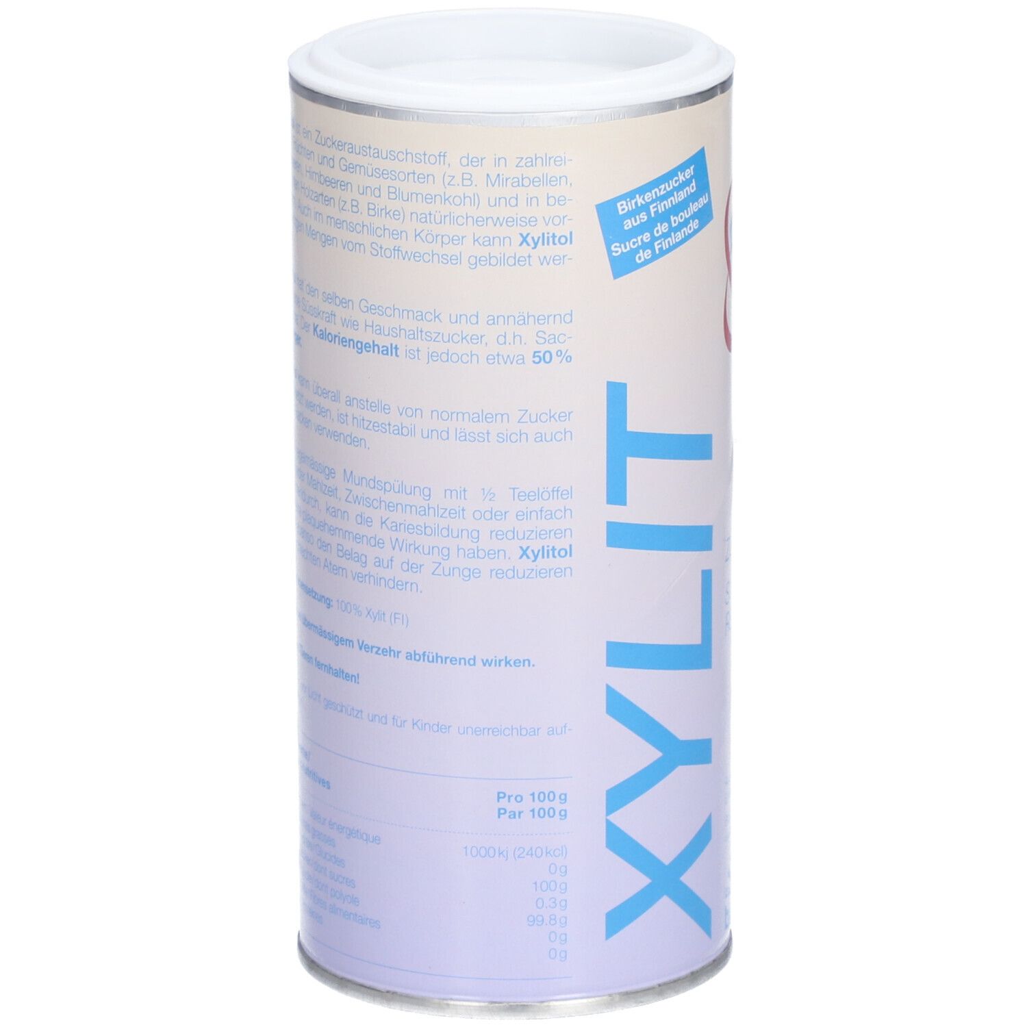 Zylinderförmige Dose. Text in deutscher Sprache. Enthält Informationen über Xylit. Aufschrift "XYLIT".