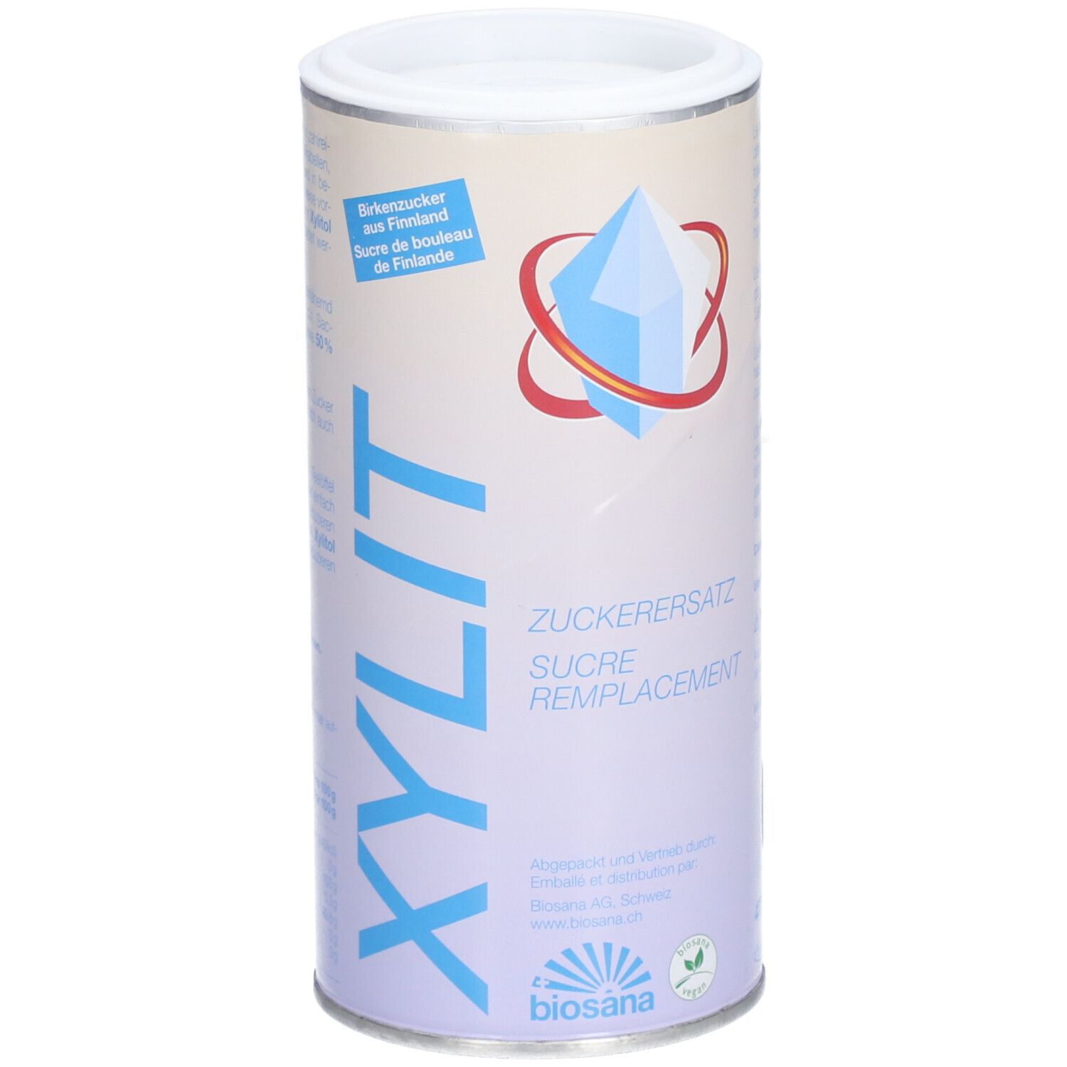 Zylinderförmige Dose mit Deckel. Aufschrift "XYLIT Zuckerersatz". Logo und Text in Deutsch und Französisch. 470 g.