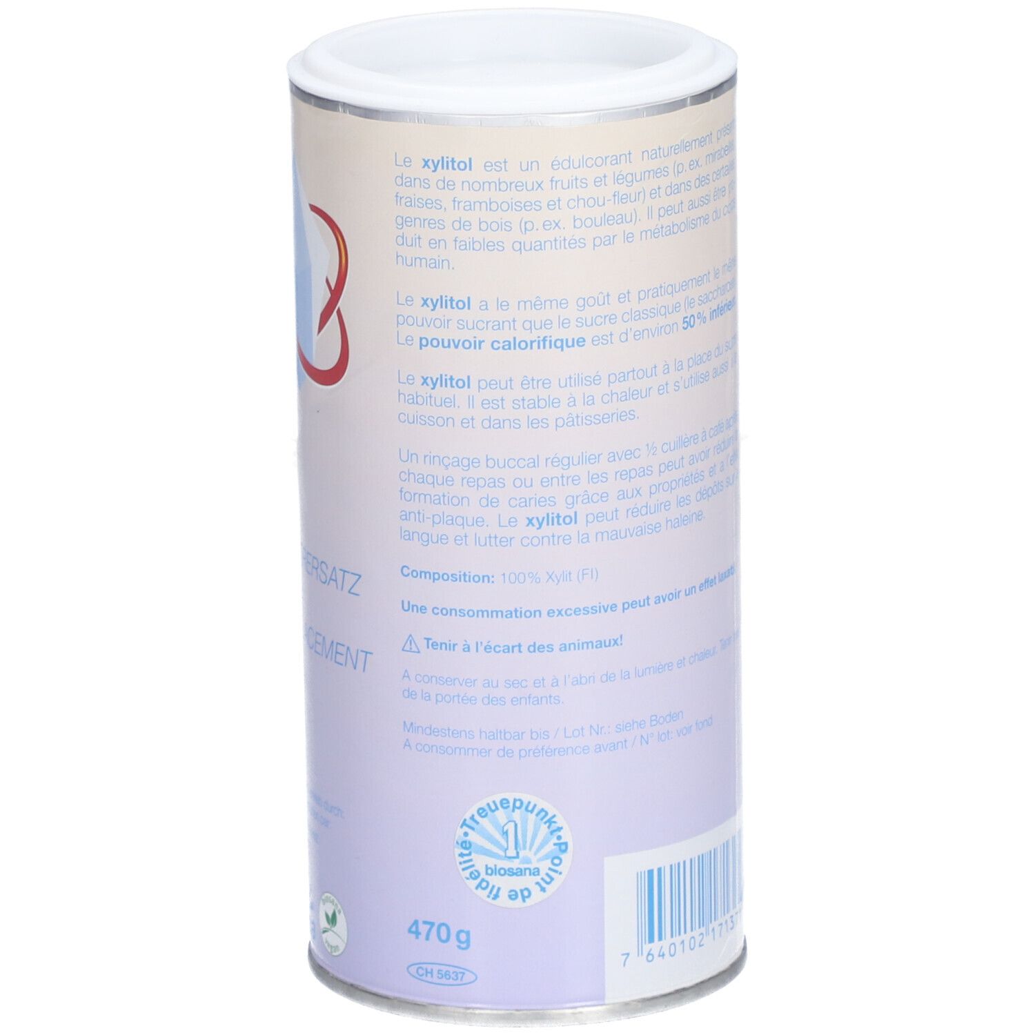 Zylinderförmige Dose. Text in deutscher Sprache. Enthält Informationen über Xylit. Aufschrift "XYLIT". 470 g.