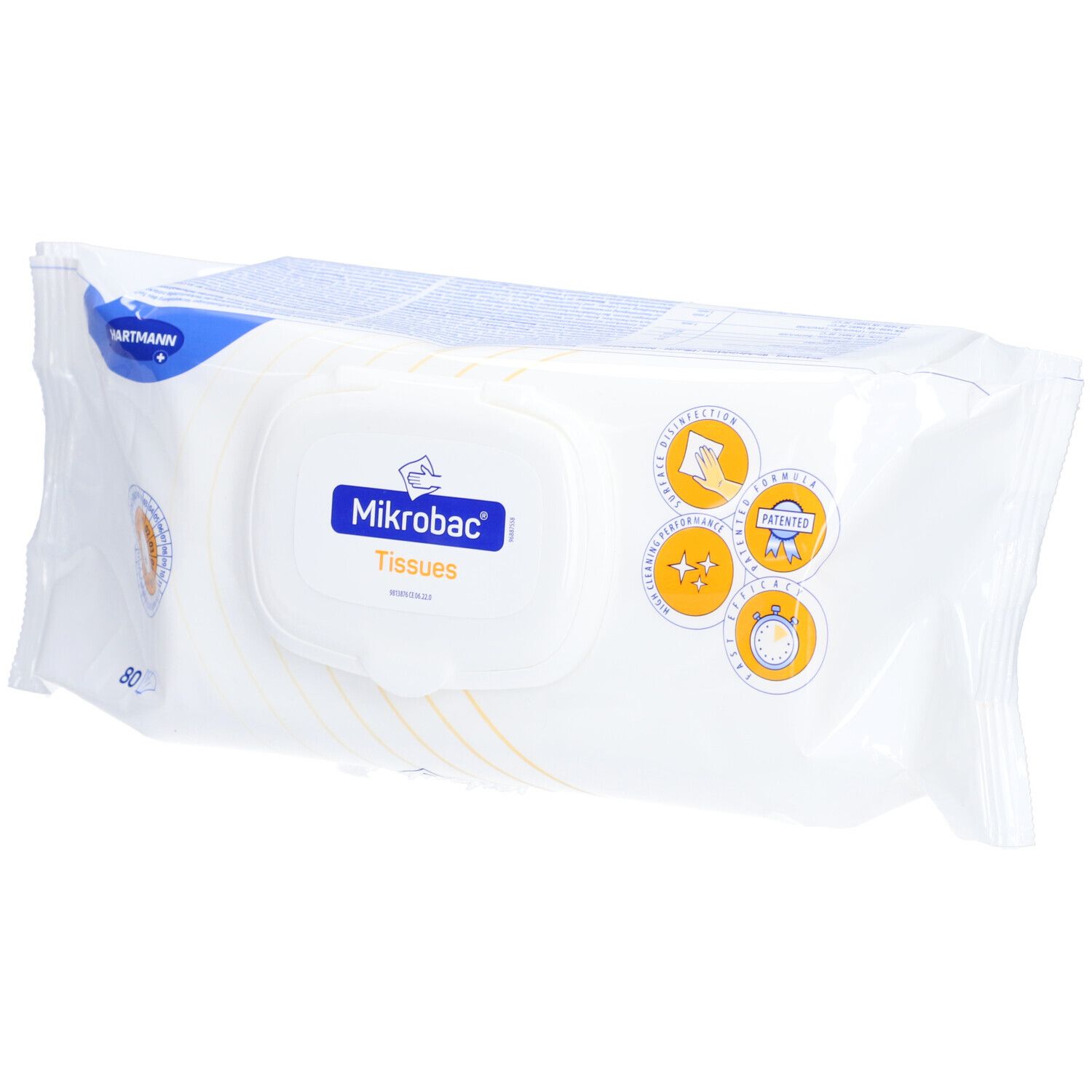 Paquet blanc de Mikrobac® Tissues. Inscriptions : Hartmann, Mikrobac, 80 pièces. Avec sceaux et logos.