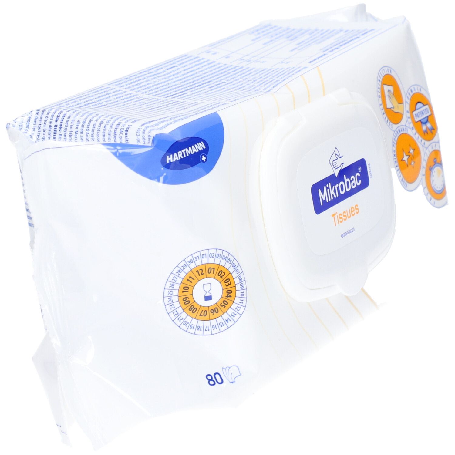 Paquet Mikrobac® Tissues en biais. Inscriptions : Hartmann, Mikrobac, 80 pièces. Avec sceaux et logos.