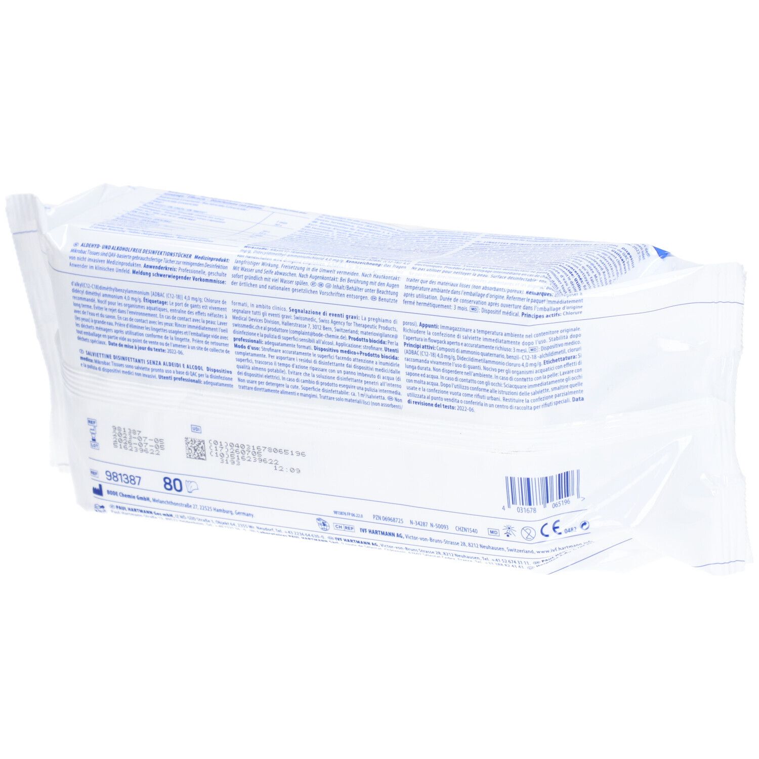 Dos du paquet Mikrobac® Tissues. Texte multilingue. Inscription : 80 pièces.