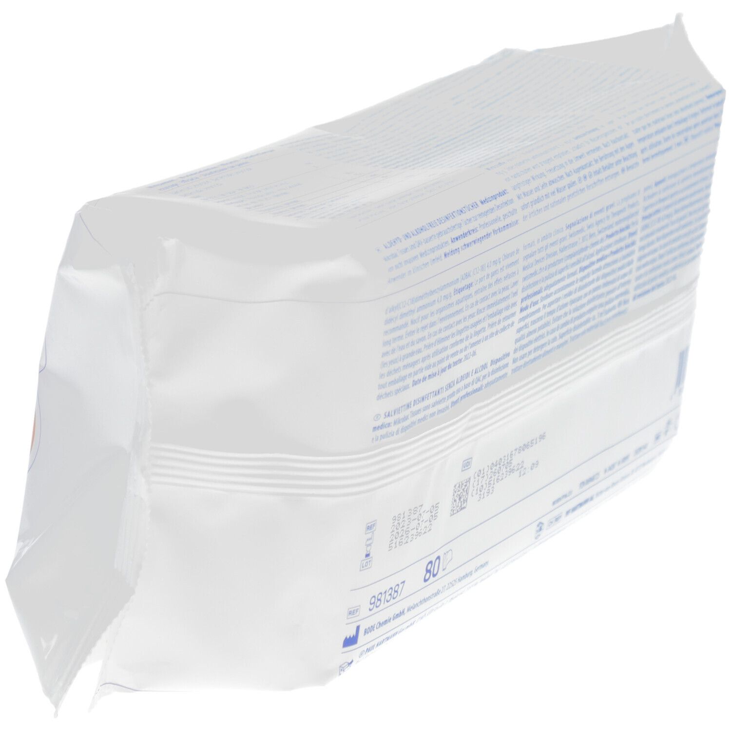 Dos incliné du paquet Mikrobac® Tissues. Texte multilingue. Inscription : 80 pièces.