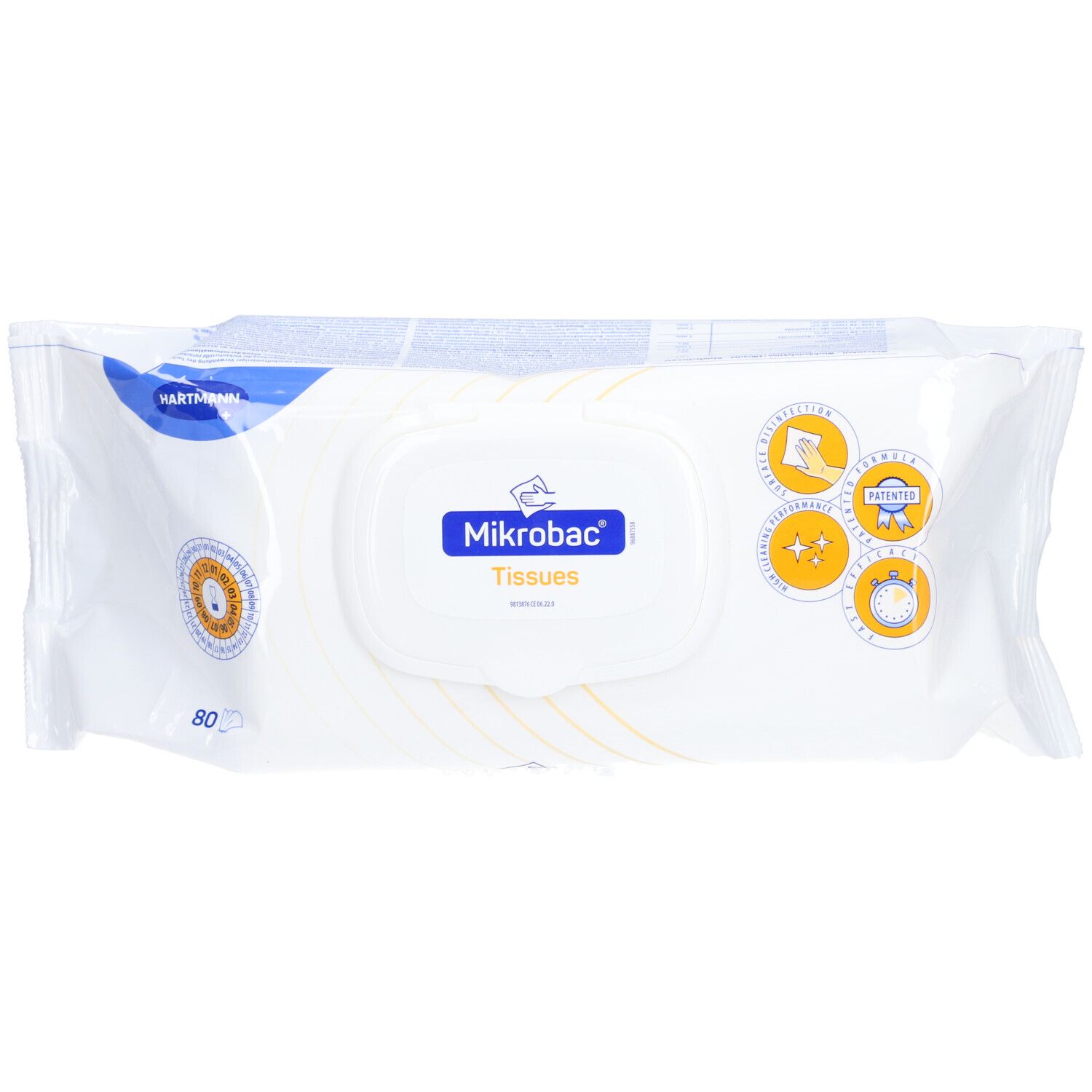 Paquet blanc de Mikrobac® Tissues. Inscriptions : Hartmann, Mikrobac, 80 pièces. Avec sceaux et logos.