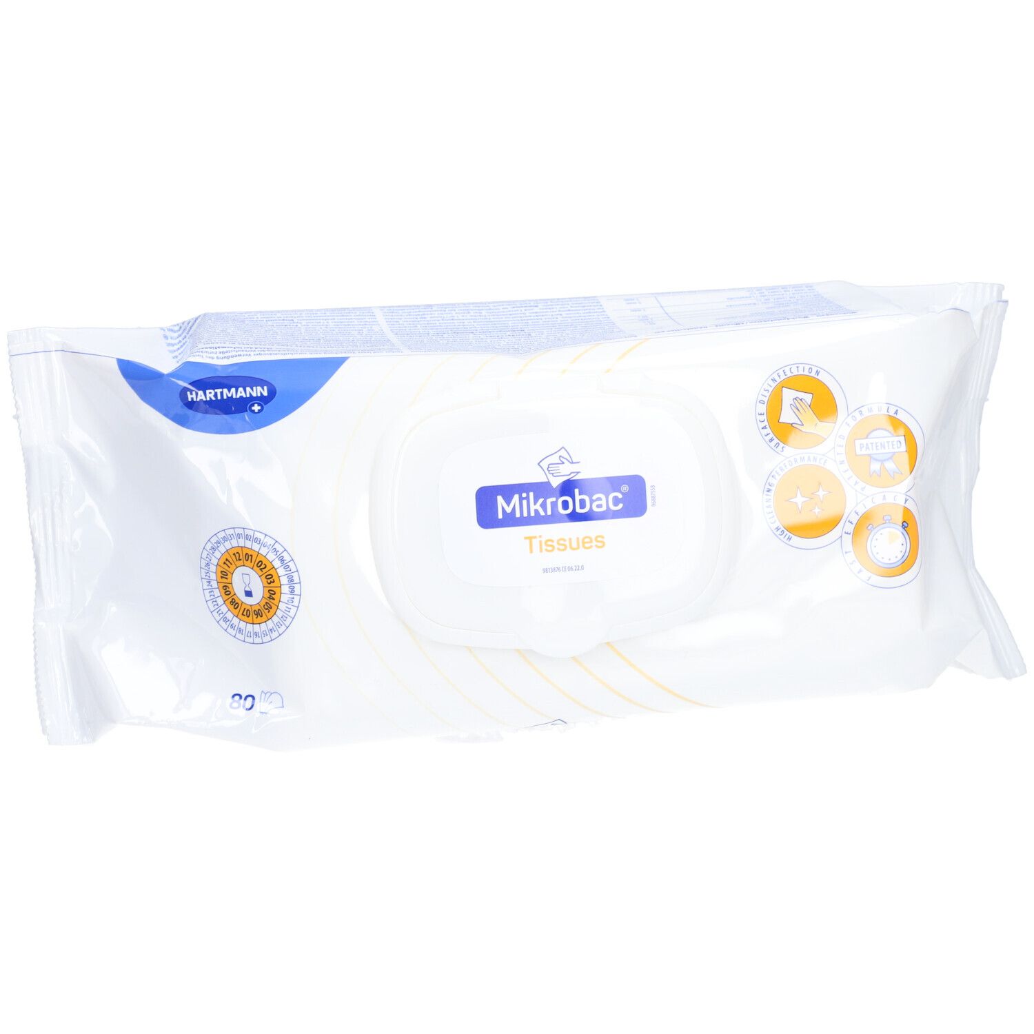 Paquet blanc de Mikrobac® Tissues. Inscriptions : Hartmann, Mikrobac, 80 pièces. Avec sceaux et logos.