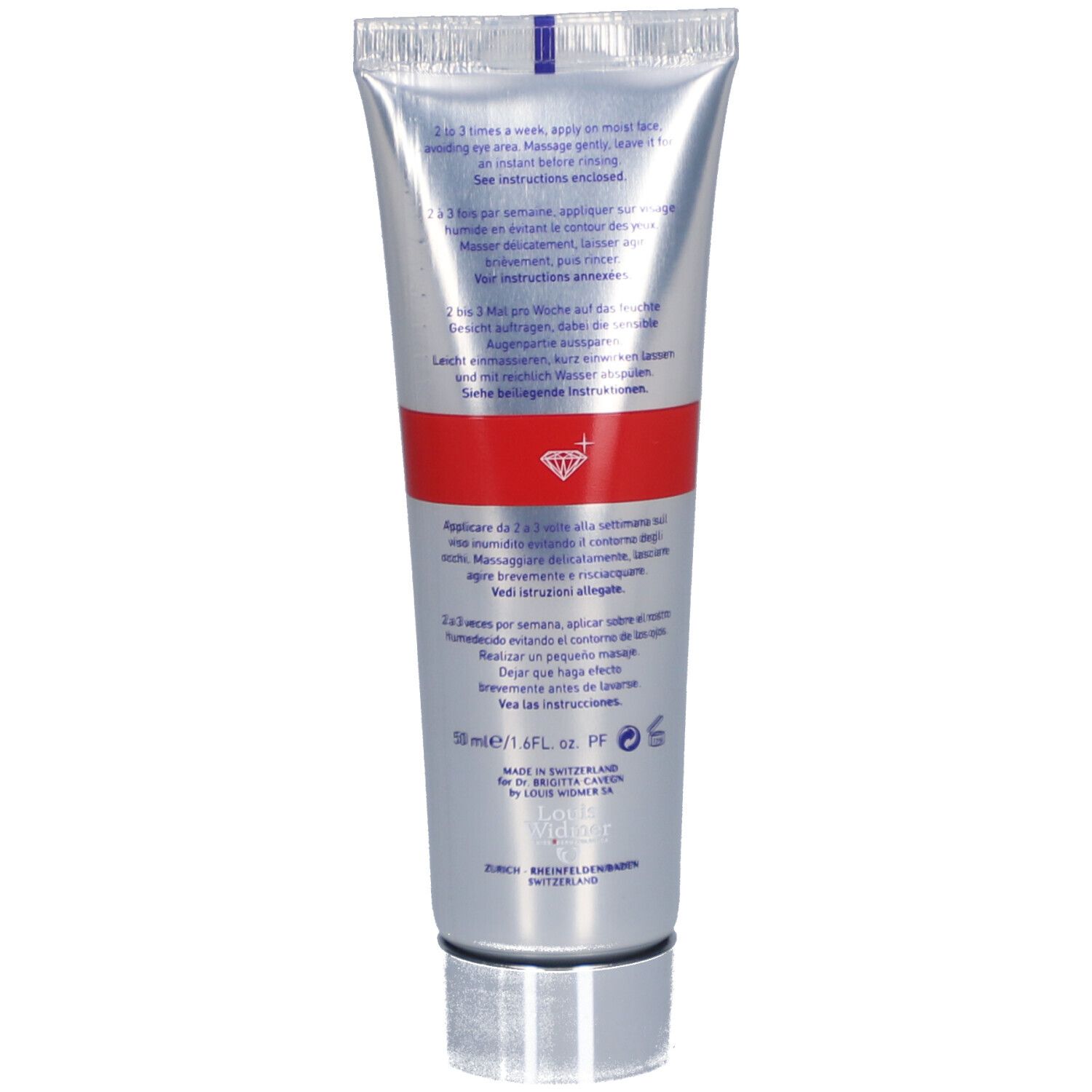 Rückseite der Tube. Text in mehreren Sprachen: Anwendungshinweise, 50 ml, Schweizer Herstellung, Logo.