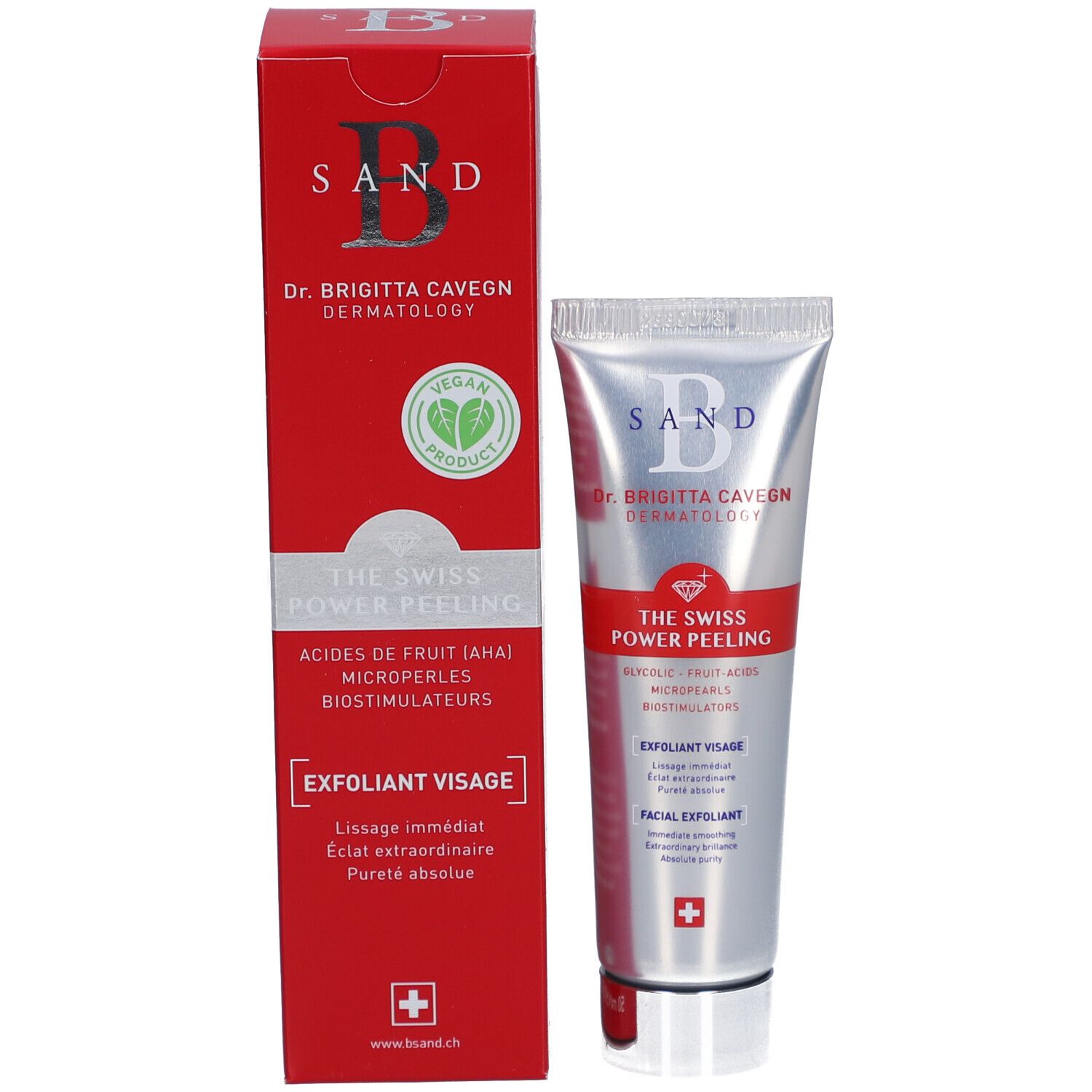 Produktverpackung: Tube und Schachtel. Aufschrift: B SAND, Dr. Brigitta Cavegn, THE SWISS POWER PEELING, Vegan-Siegel, Schweizer Kreuz.