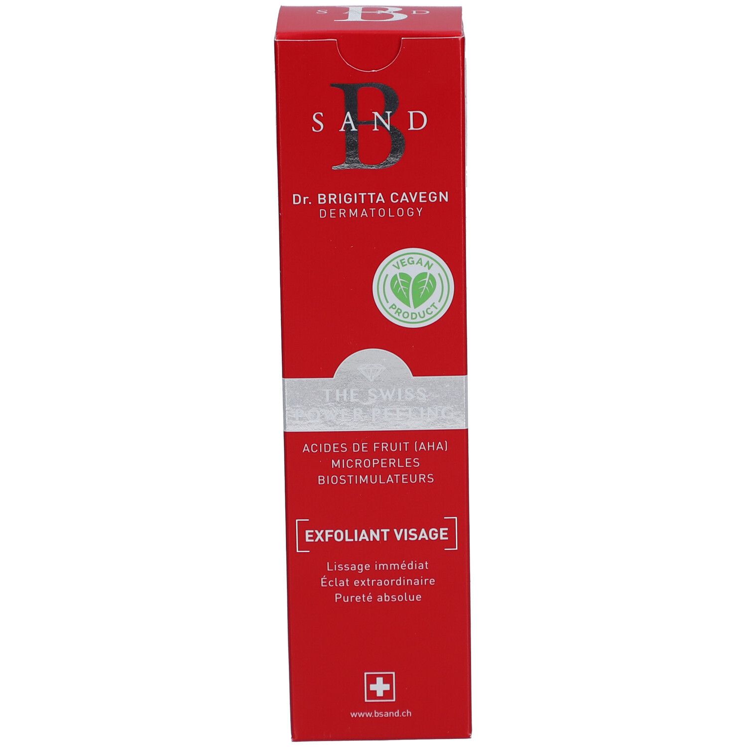 Rote Schachtel. Aufschrift: B SAND, Dr. Brigitta Cavegn, THE SWISS POWER PEELING, Vegan-Siegel, Schweizer Kreuz.