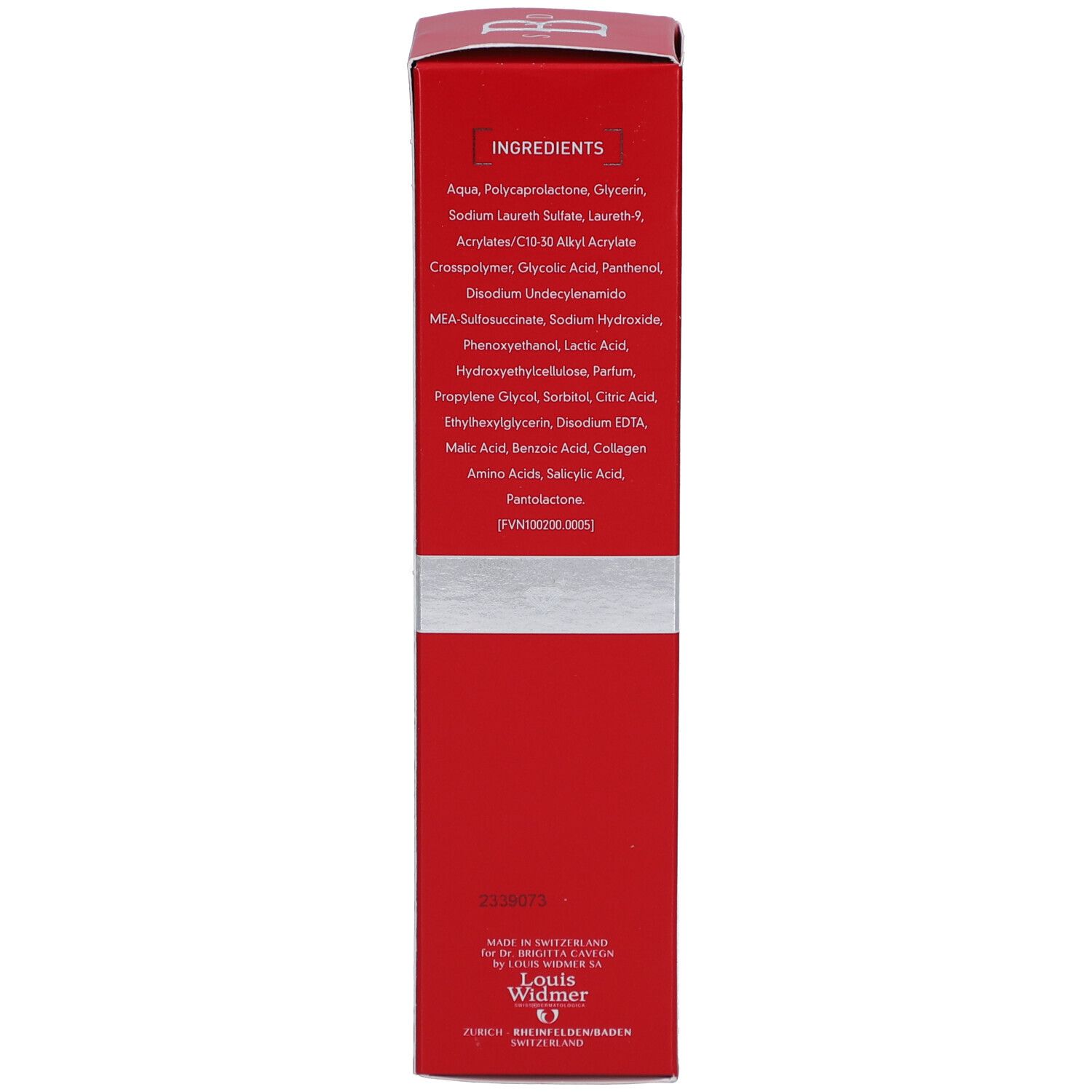 Rote Schachtel. Aufschrift: Inhaltsstoffe, Herstellerinformationen, Logo.