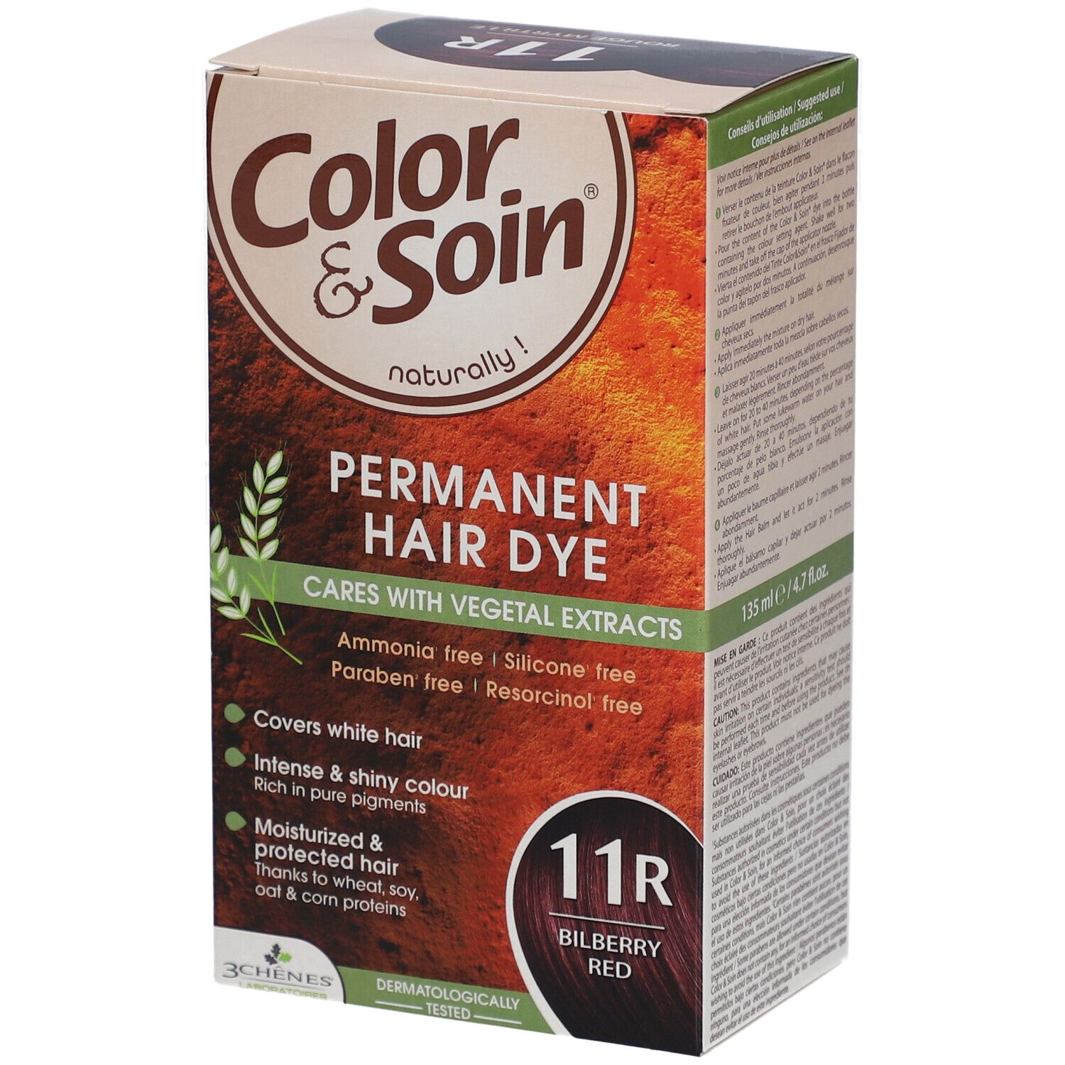 Boîte de teinture capillaire. Inscription: Color & Soin, Permanent Hair Dye, 11R Rouge Myrtille. Contient des extraits végétaux.