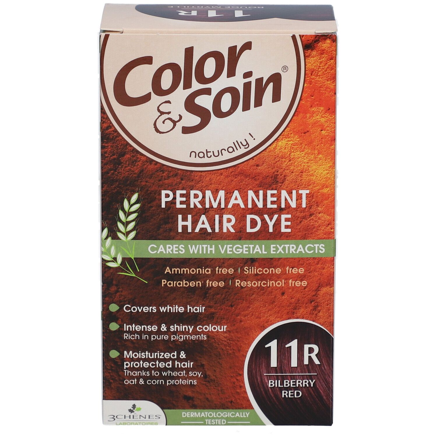 Boîte de teinture capillaire. Inscription: Color & Soin, Permanent Hair Dye, 11R Rouge Myrtille. Contient des extraits végétaux.