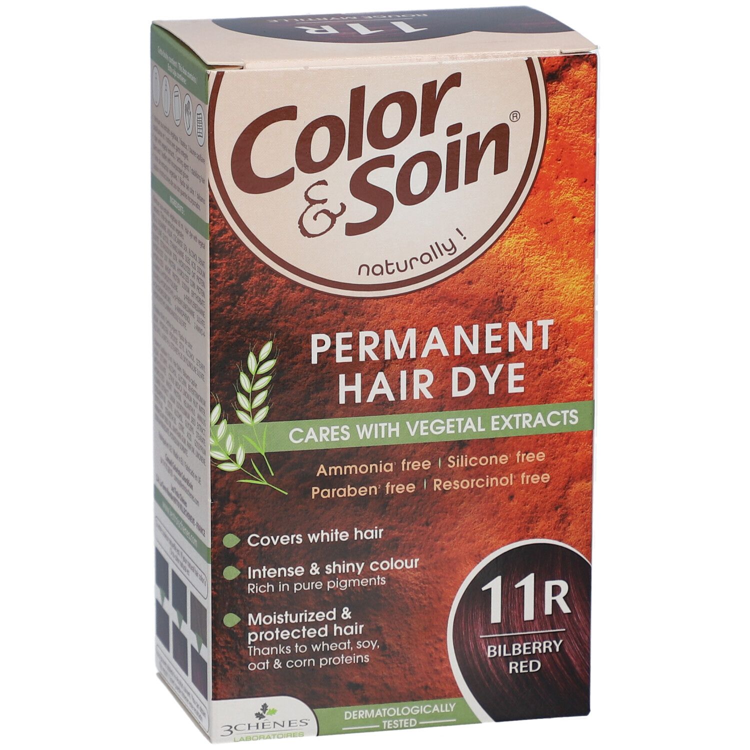 Boîte de teinture capillaire. Inscription: Color & Soin, Permanent Hair Dye, 11R Rouge Myrtille. Contient des extraits végétaux.