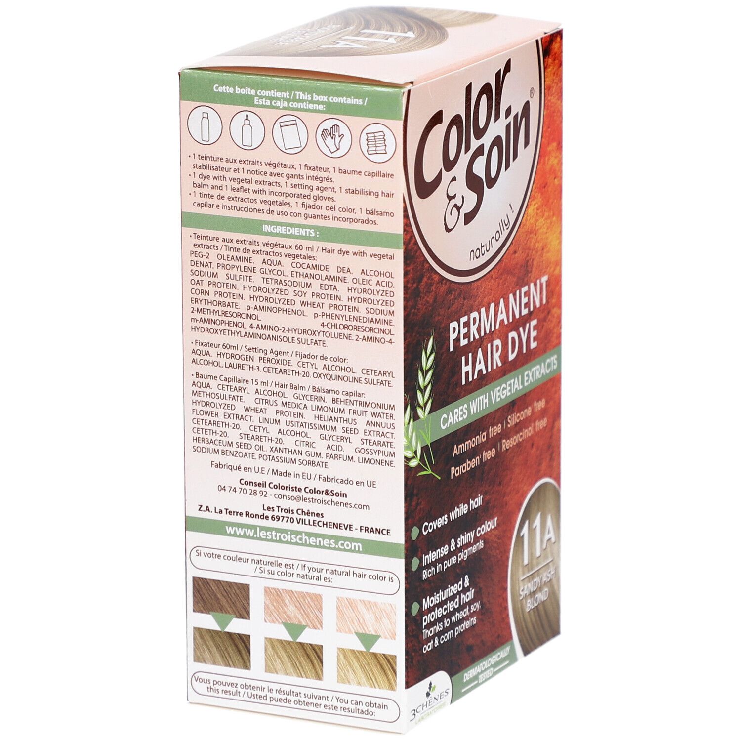 Rückseite der Color & Soin Haarfärbemittel-Verpackung. Enthält Inhaltsstoffe, Anweisungen und Farbbeispiele.