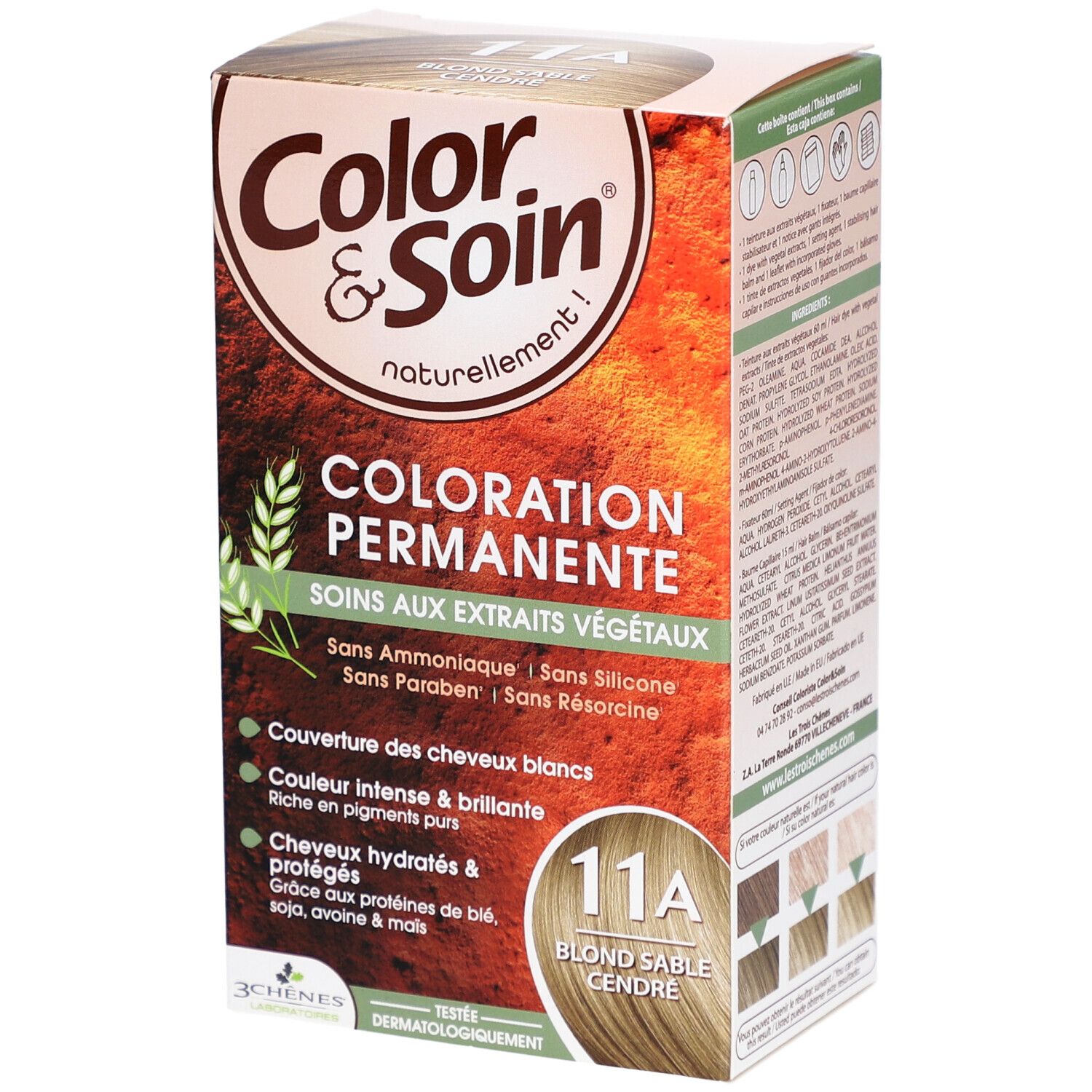 Coloration Permanente Color & Soin, 11A Blond cendré. Verpackung mit Produktinformationen.