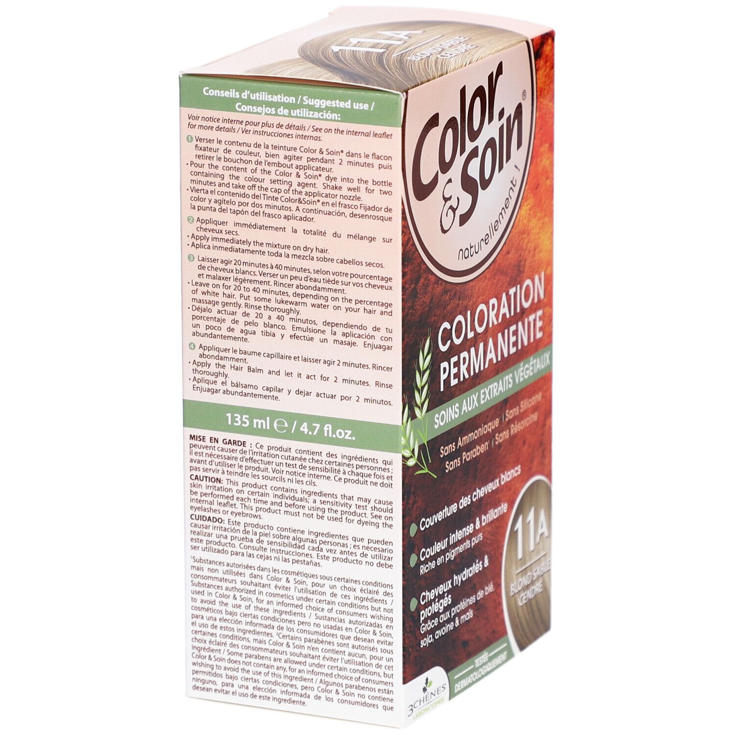 Verpackung von Color & Soin Haarfärbemittel, 11A Blond cendré. Enthält Anweisungen und Warnhinweise.