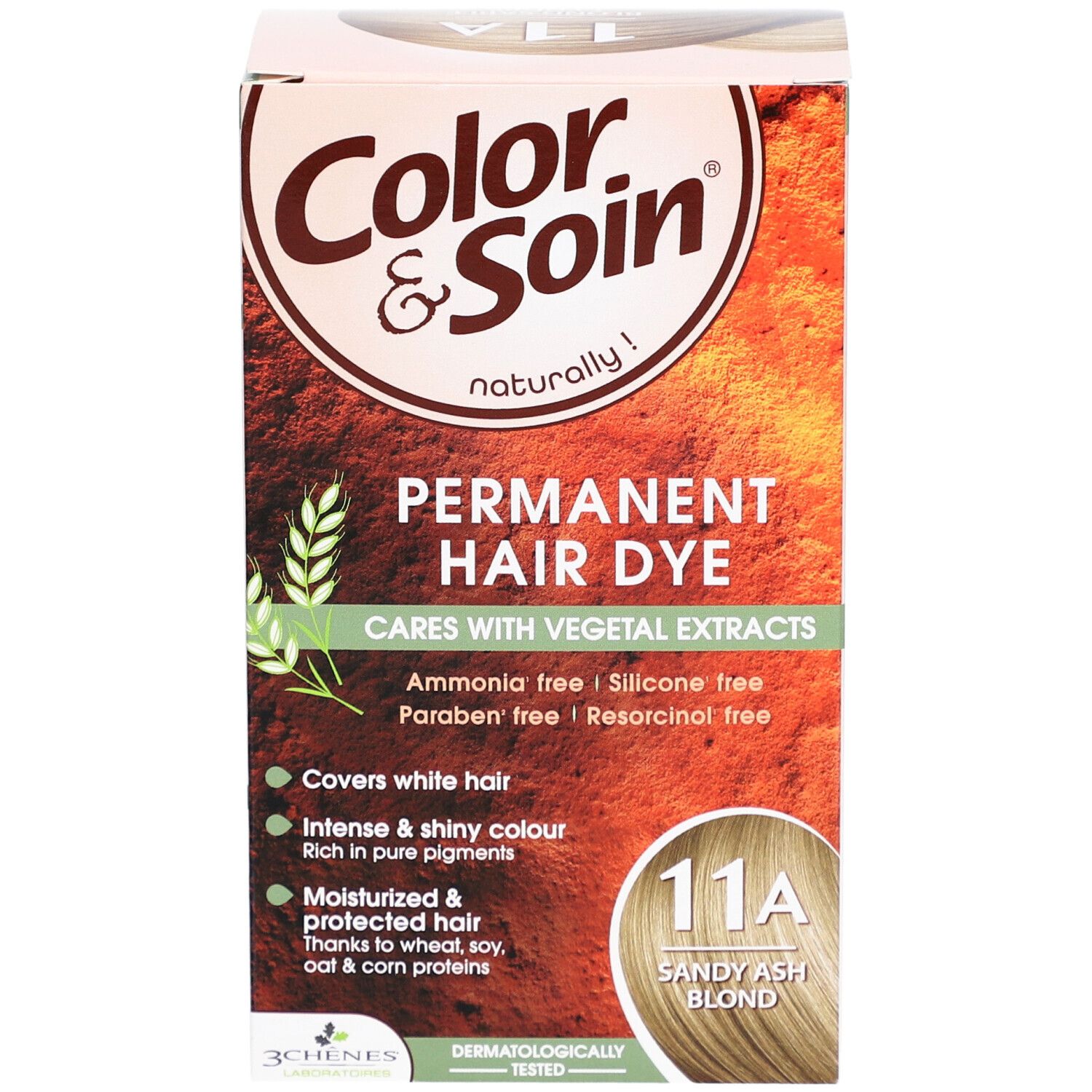 Vorderansicht der Color & Soin Haarfärbemittel-Verpackung, 11A Sandblond aschfahl. Produktinformationen.