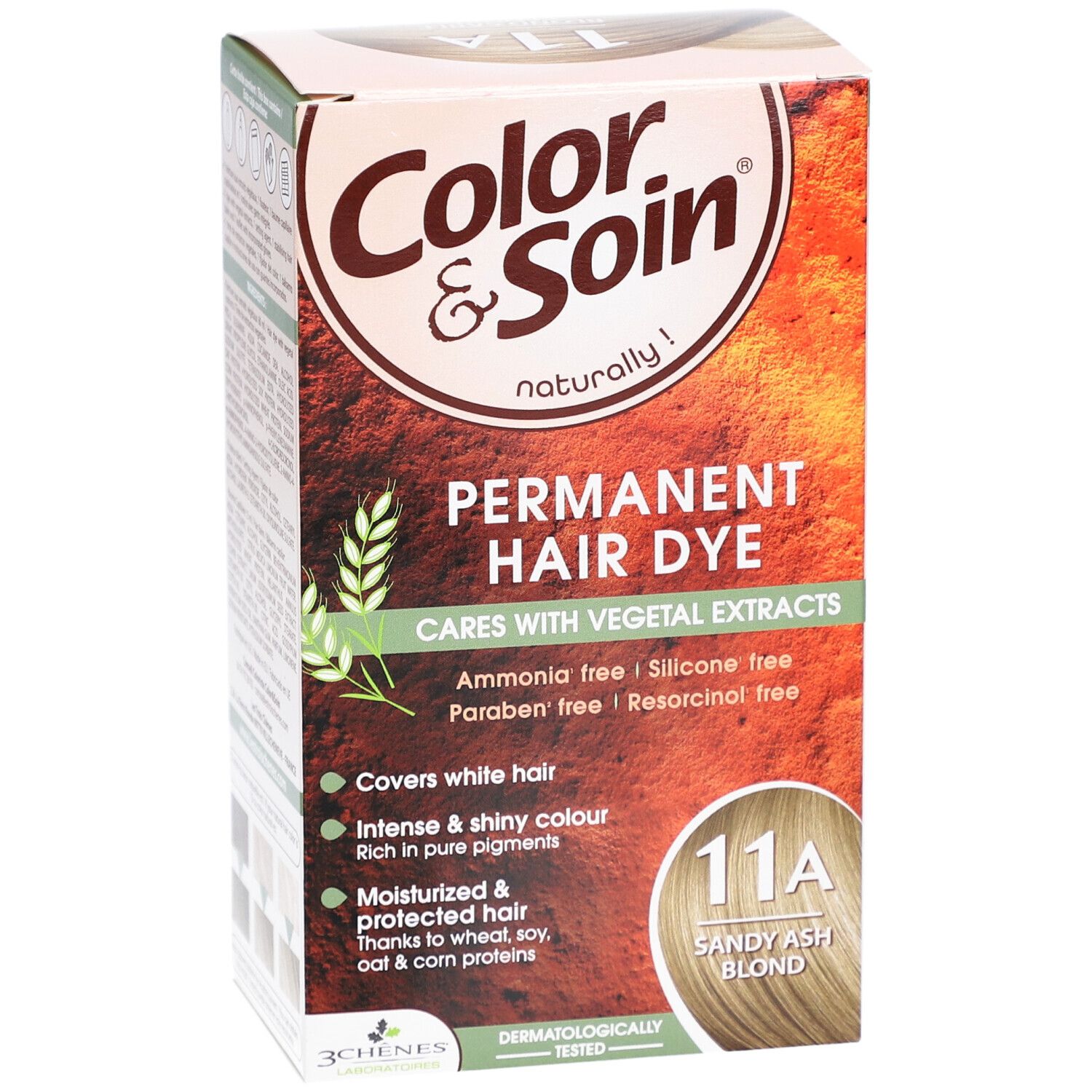 Color & Soin Haarfärbemittel, 11A Sandblond aschfahl. Verpackung mit Produktinformationen und Logo.