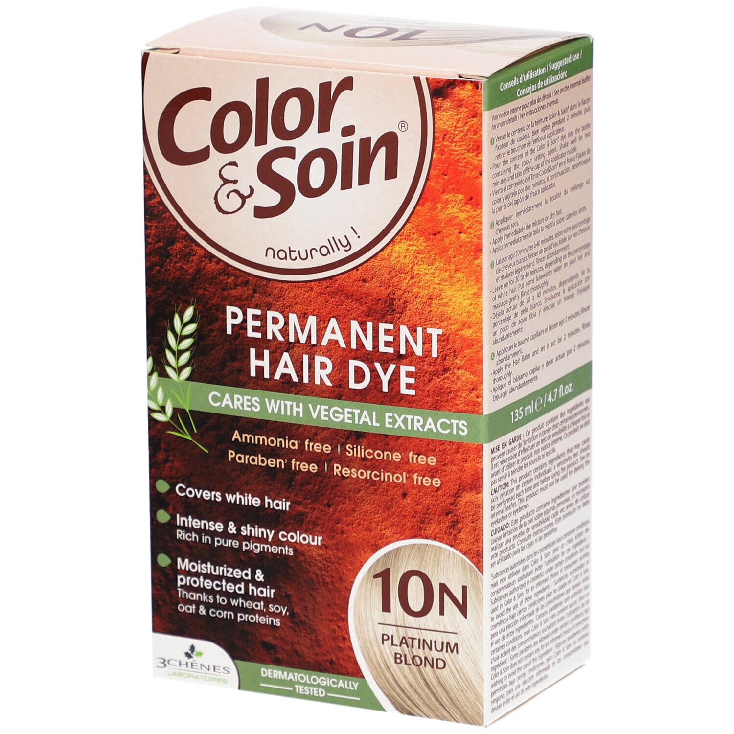 Boîte de teinture capillaire. Inscription: Color & Soin, Permanent Hair Dye, 10N Blond Platine. Contient des extraits végétaux. Sans ammoniaque, silicone, parabène et résorcine.