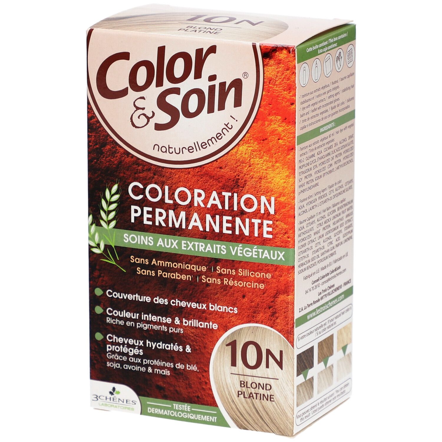 Boîte de teinture capillaire. Inscription: Color & Soin, Coloration Permanente, 10N Blond Platine. Contient des extraits végétaux. Sans ammoniaque, silicone, parabène et résorcine.