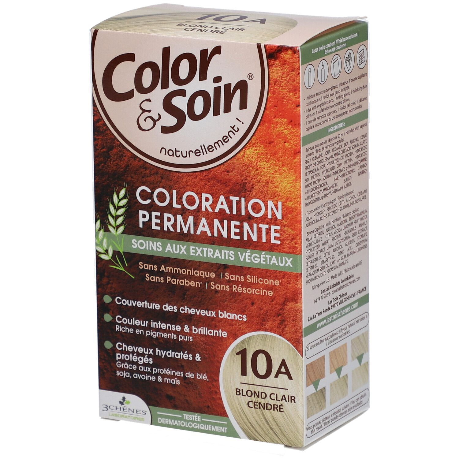 Haarfarben-Verpackung. Aufschrift: Color & Soin, 10A Blond Clair Cendre. Enthält pflanzliche Extrakte. Dermatologisch getestet.