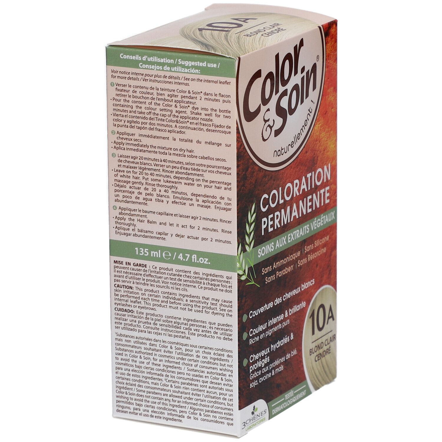 Haarfarben-Verpackung. Aufschrift: Color & Soin, 10A Blond Clair Cendre. Enthält 135 ml/4.7 fl oz. Gebrauchsanweisung auf der Verpackung.