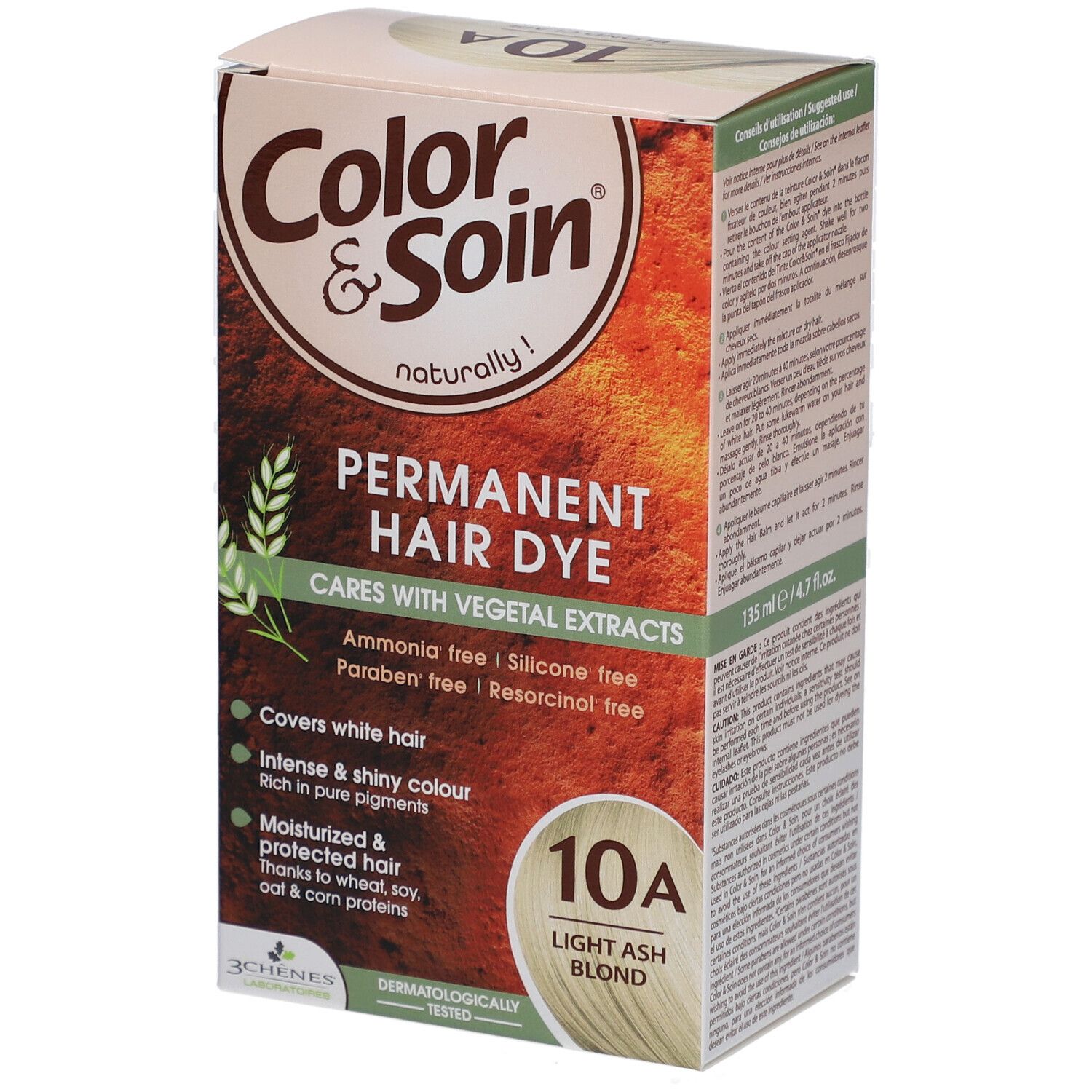 Haarfarben-Verpackung. Aufschrift: Color & Soin, Permanent Hair Dye, 10A Light Ash Blond. Mit pflanzlichen Extrakten.