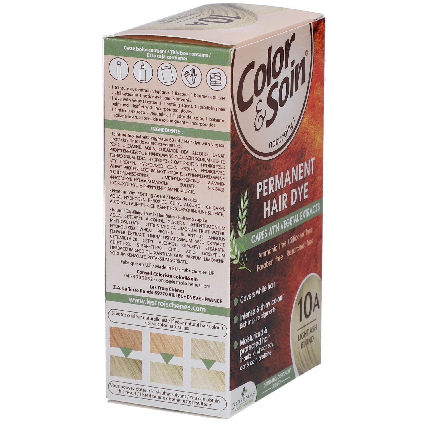 Haarfarben-Verpackung. Aufschrift: Color & Soin, Permanent Hair Dye, 10A Light Ash Blond. Inhaltsstoffe und Farbbeispiele.