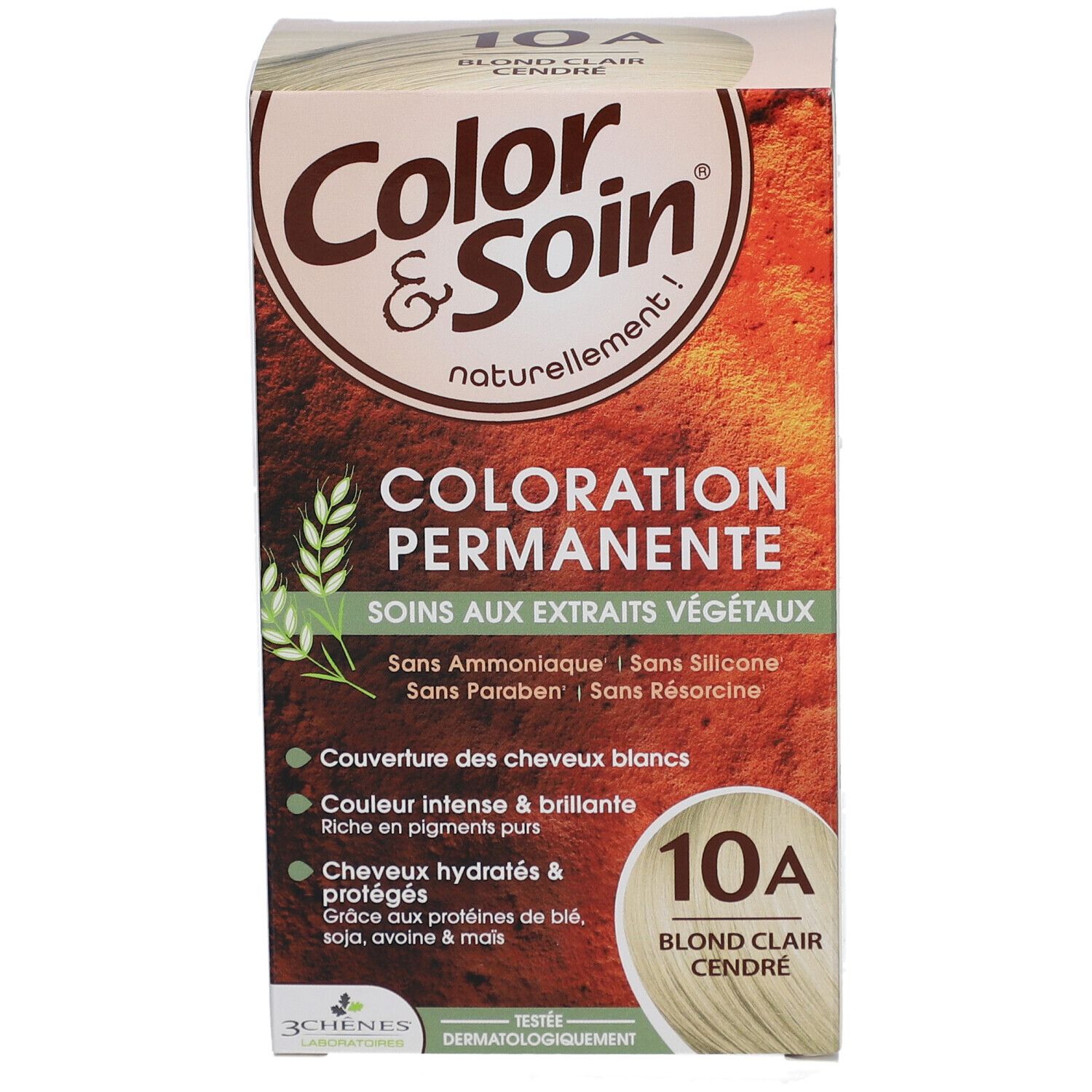 Haarfarben-Verpackung. Aufschrift: Color & Soin, 10A Blond Clair Cendre. Enthält pflanzliche Extrakte. Dermatologisch getestet.
