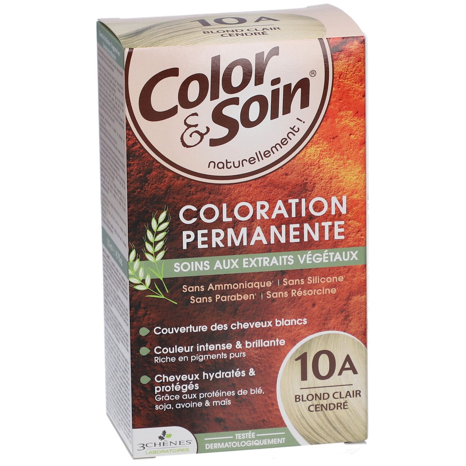 Haarfarben-Verpackung. Aufschrift: Color & Soin, 10A Blond Clair Cendre. Enthält pflanzliche Extrakte. Dermatologisch getestet.