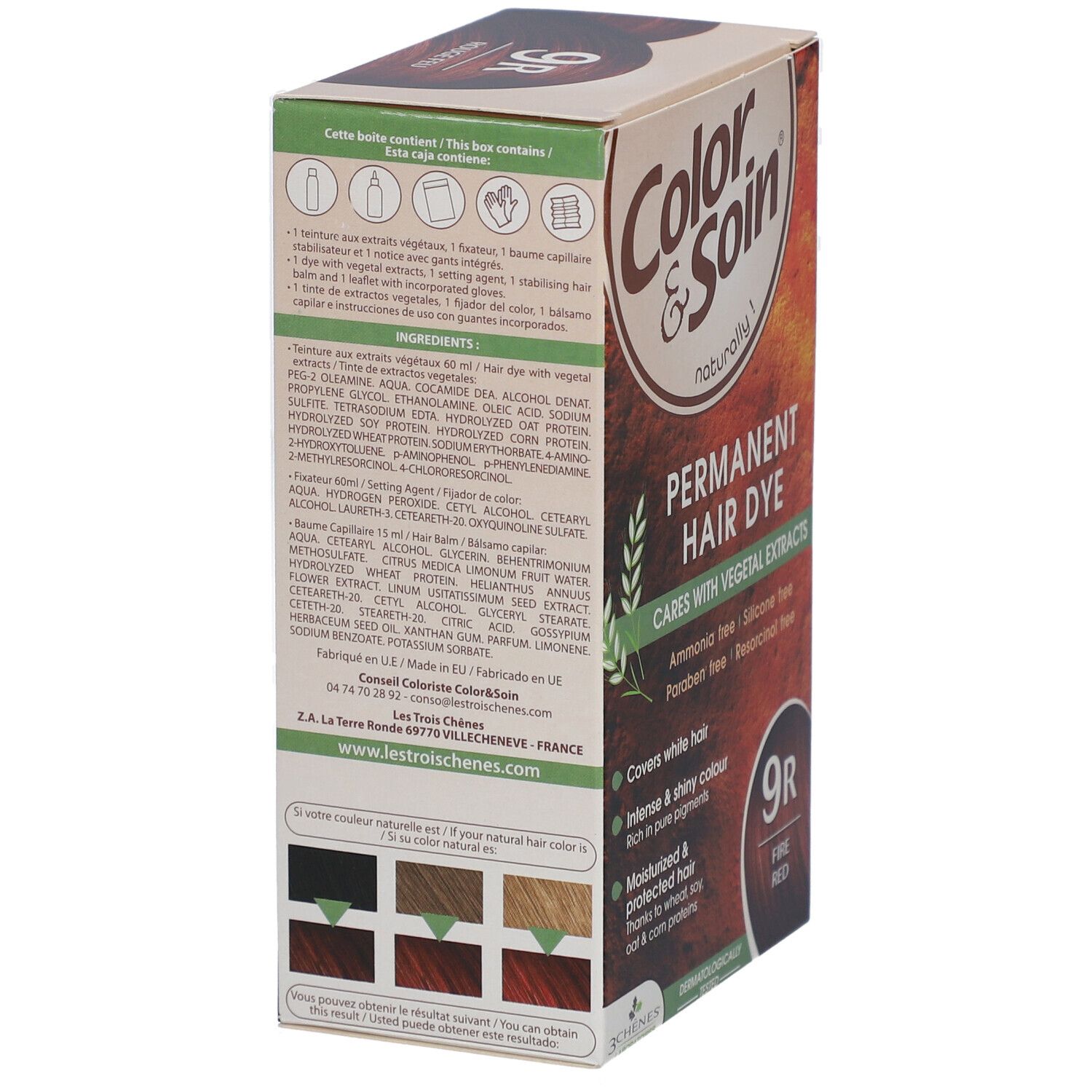 Boîte de coloration capillaire. Dos avec ingrédients et exemples de couleurs. Marque : Color & Soin, 9R Rouge Feu.