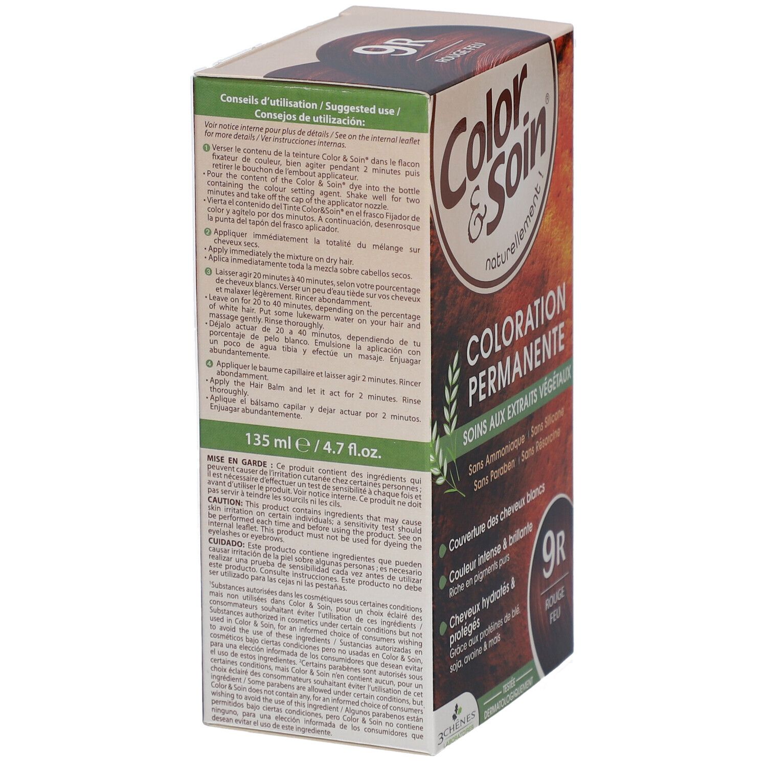 Boîte de coloration capillaire. Côté avec mode d'emploi. Marque : Color & Soin, 9R Rouge Feu. 135 ml / 4.7 fl.oz.