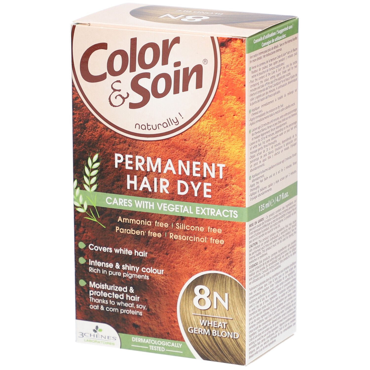 Boîte de teinture capillaire. Inscription : Color & Soin, 8N Blond blé. Contient des extraits végétaux. Sans ammoniaque, silicone, parabène et résorcine.