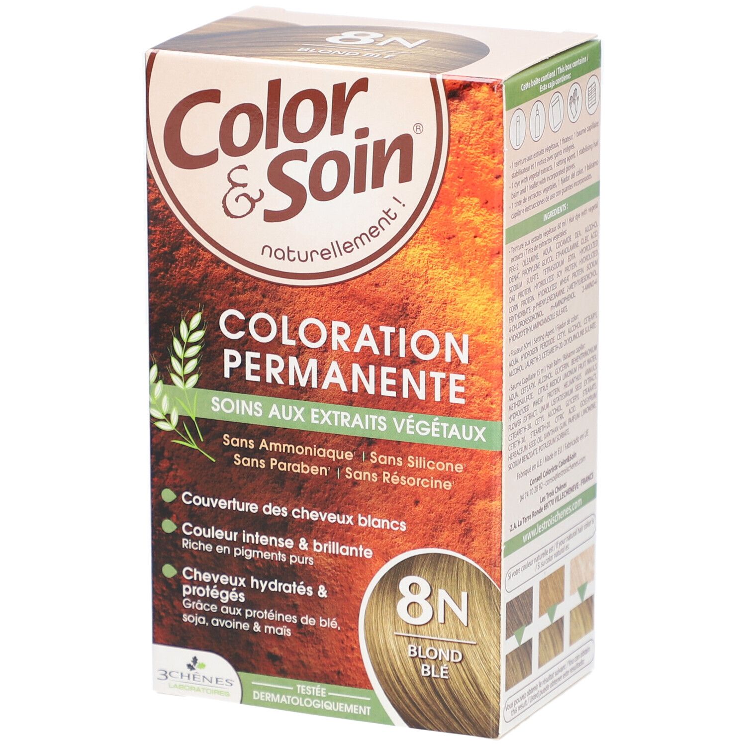 Boîte de teinture capillaire. Inscription : Coloration Permanente, 8N Blond blé. Contient des extraits végétaux. Sans ammoniaque, silicone, parabène et résorcine.