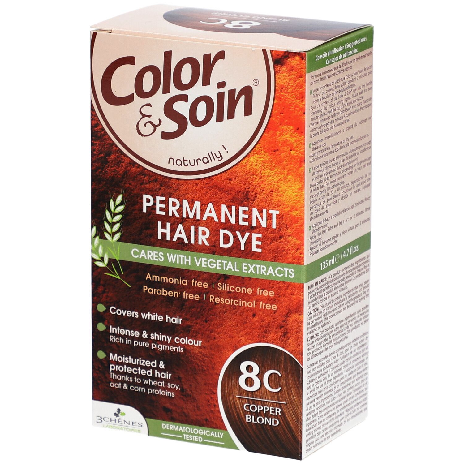 Boîte Color & Soin 8C Blond Cuivré. Coloration permanente aux extraits végétaux. Sans ammoniaque, silicone, parabène et résorcine. Testé dermatologiquement.