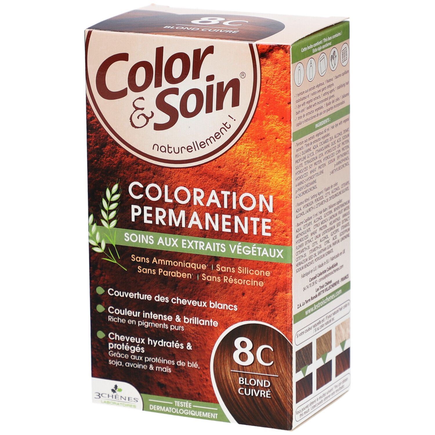 Boîte Color & Soin 8C Blond Cuivré. Coloration permanente aux extraits végétaux. Sans ammoniaque, silicone, parabène et résorcine.