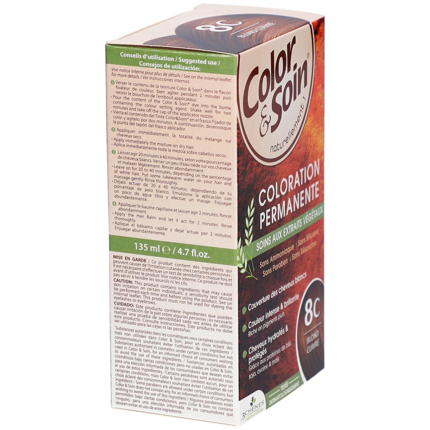 Boîte Color & Soin 8C Blond Cuivré. Contient des conseils d'utilisation. 135 ml / 4.7 fl.oz. Précautions d'emploi.