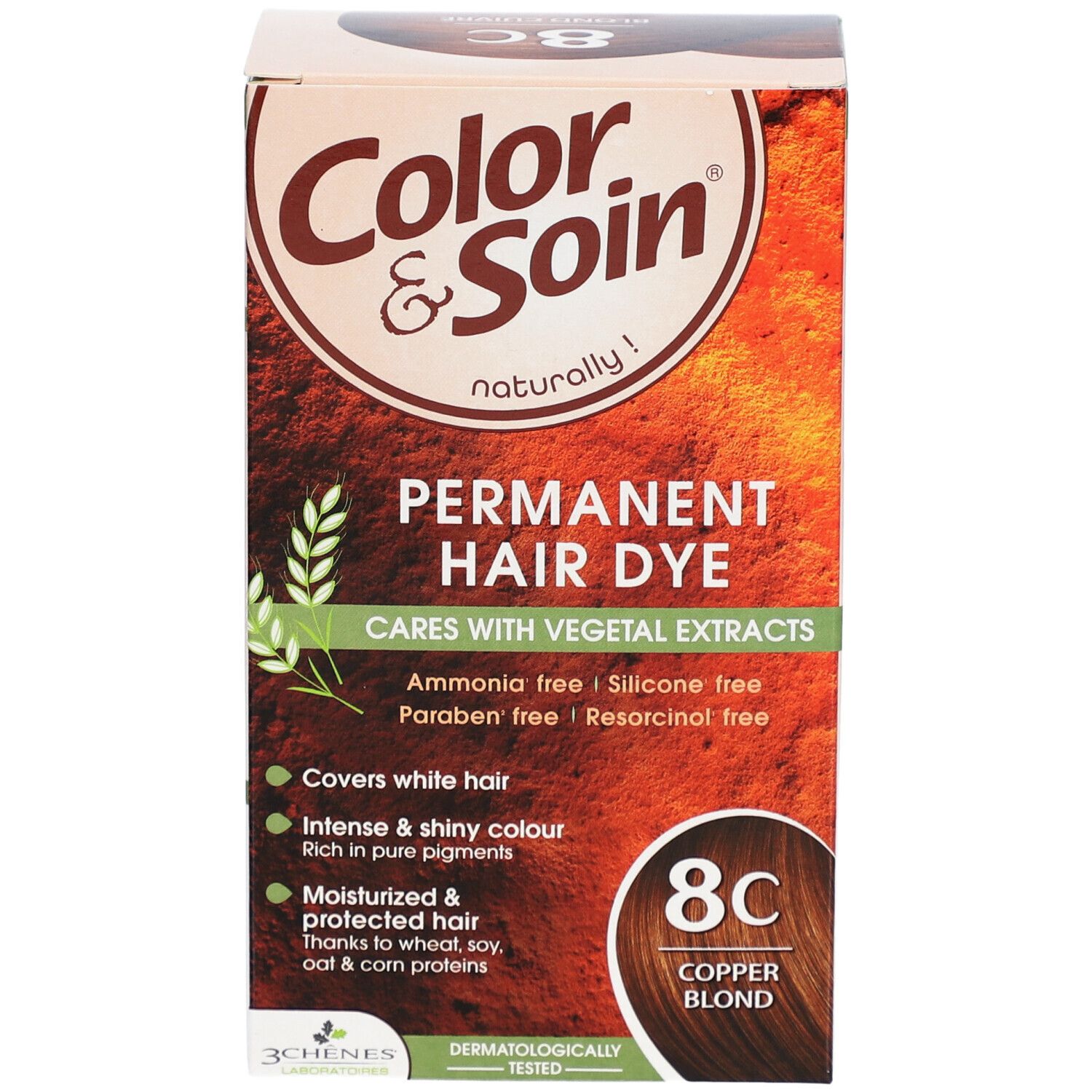 Boîte Color & Soin 8C Blond Cuivré. Coloration permanente aux extraits végétaux. Sans ammoniaque, silicone, parabène et résorcine.