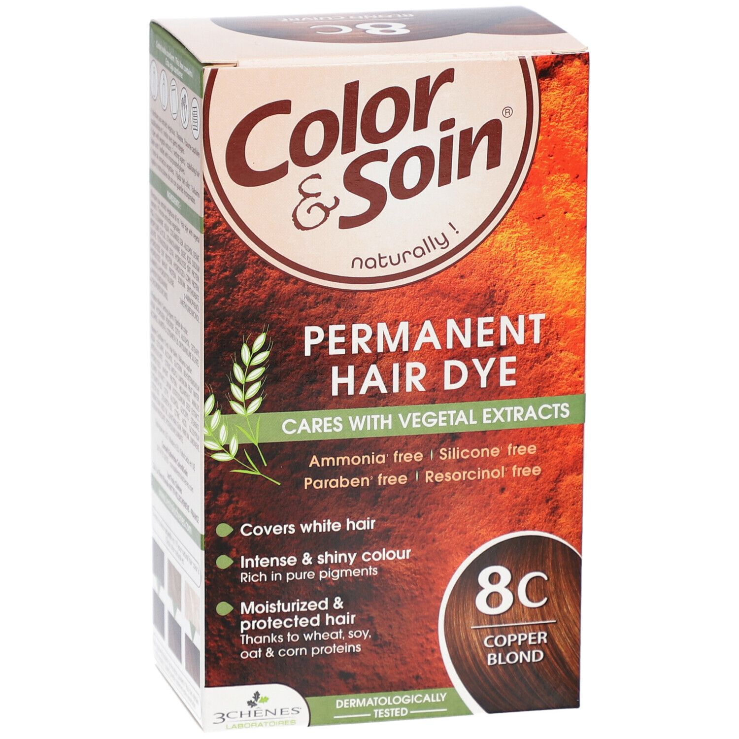 Boîte Color & Soin 8C Blond Cuivré. Coloration permanente aux extraits végétaux. Sans ammoniaque, silicone, parabène et résorcine.