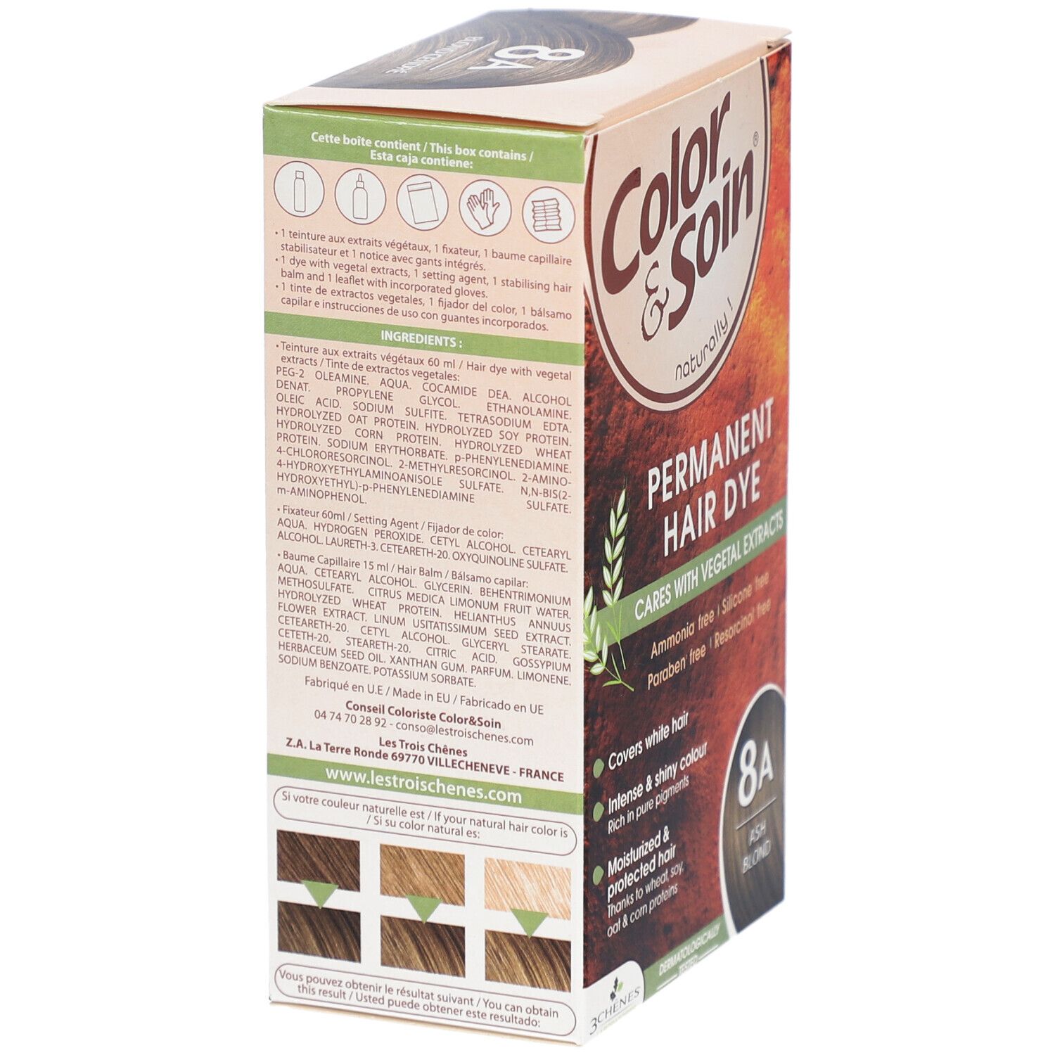 Color & Soin permanente Haarfarbe Box mit pflanzlichen Extrakten, Farbton 8A Hellblond.