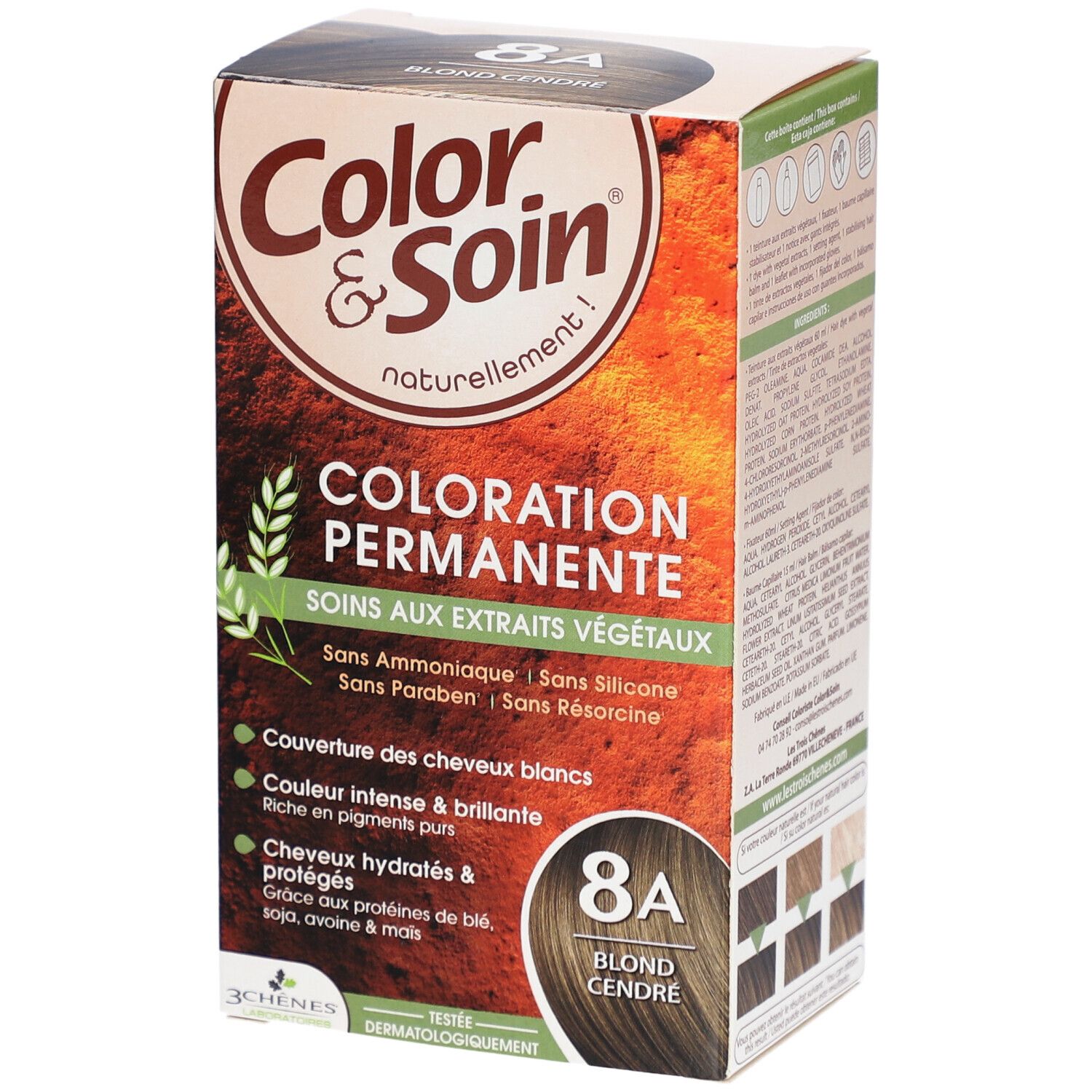 Color & Soin permanente Haarcoloration 8A Blond cendré. Frei von Ammoniak, Silikon, Parabenen, Resorcin. Mit Pflanzenextrakten.