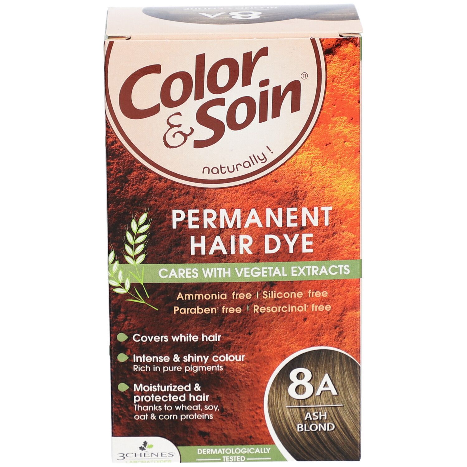 Color & Soin permanente Haarfarbe 8A Aschblond. Mit pflanzlichen Extrakten, ammoniak-, silikon-, paraben- und resorcinfrei.