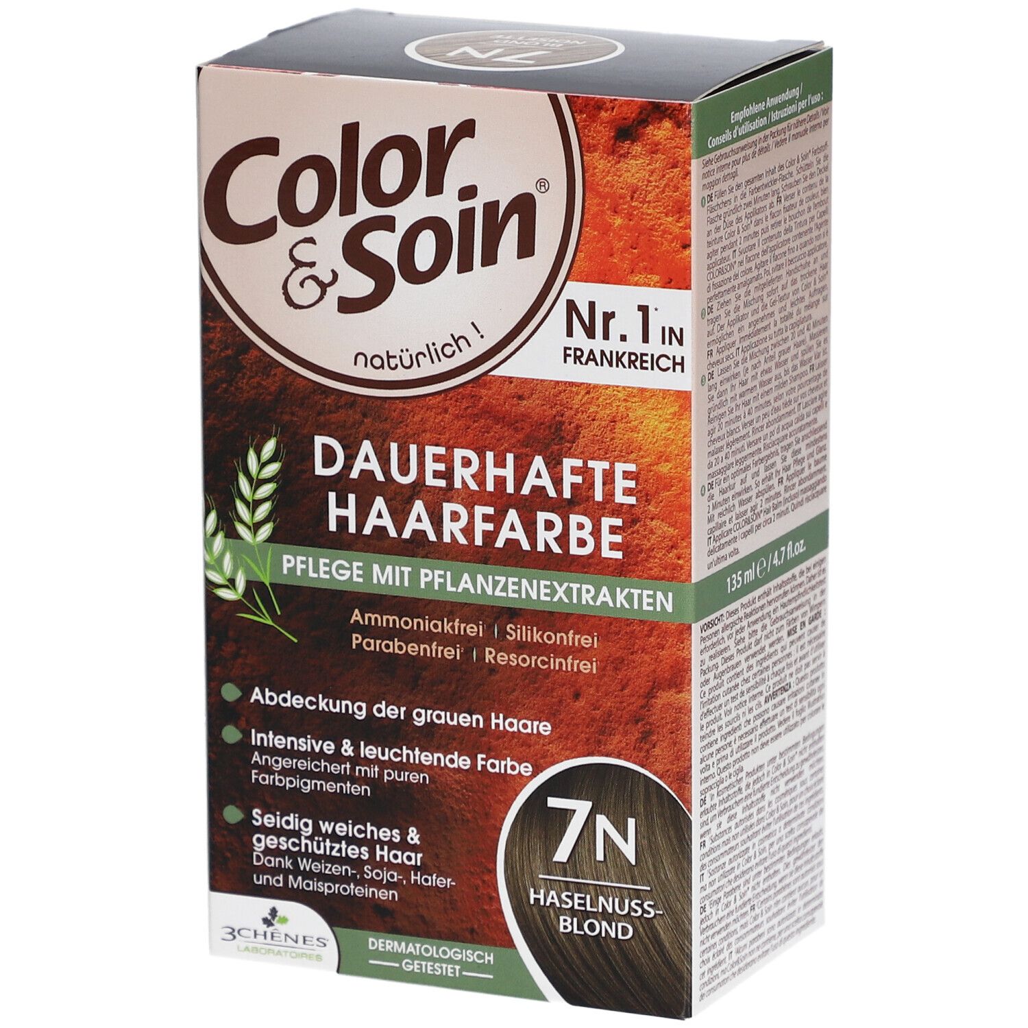 Boîte de coloration Color & Soin. Teinte 7N Blond Noisette. Texte: Coloration permanente, N°1 en France.