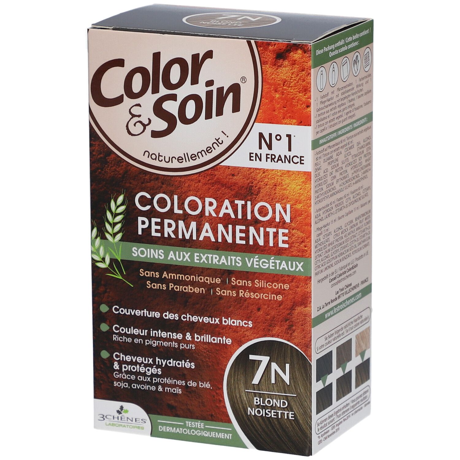 Boîte de coloration Color & Soin. Teinte 7N Blond Noisette. Texte: Coloration permanente, N°1 en France.
