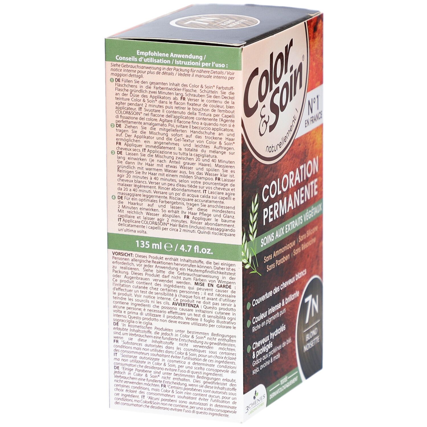 Boîte de coloration Color & Soin. Texte: Coloration permanente, mode d'emploi, 135 ml.