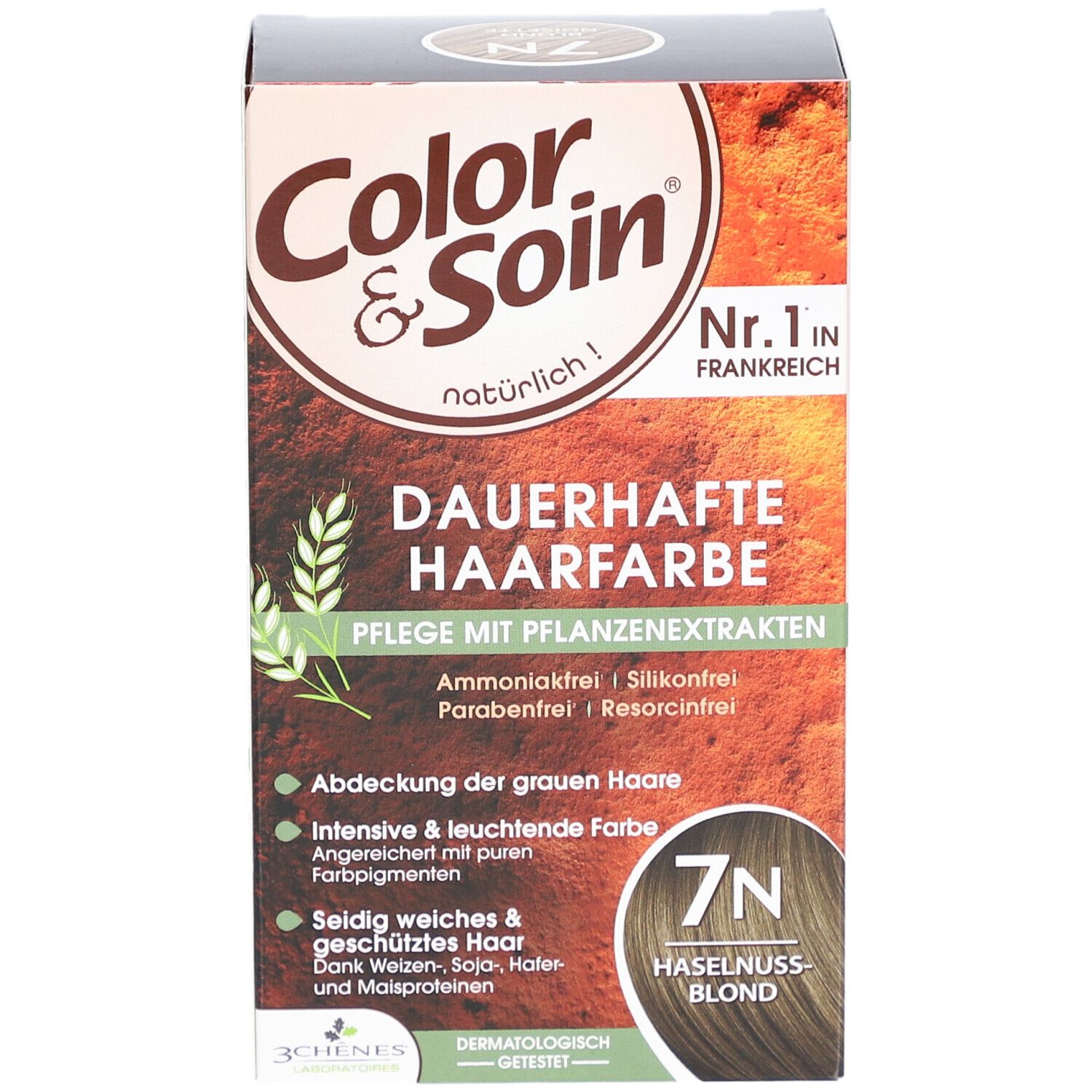 Boîte de coloration Color & Soin. Teinte 7N Blond Noisette. Texte: Coloration permanente, N°1 en France.