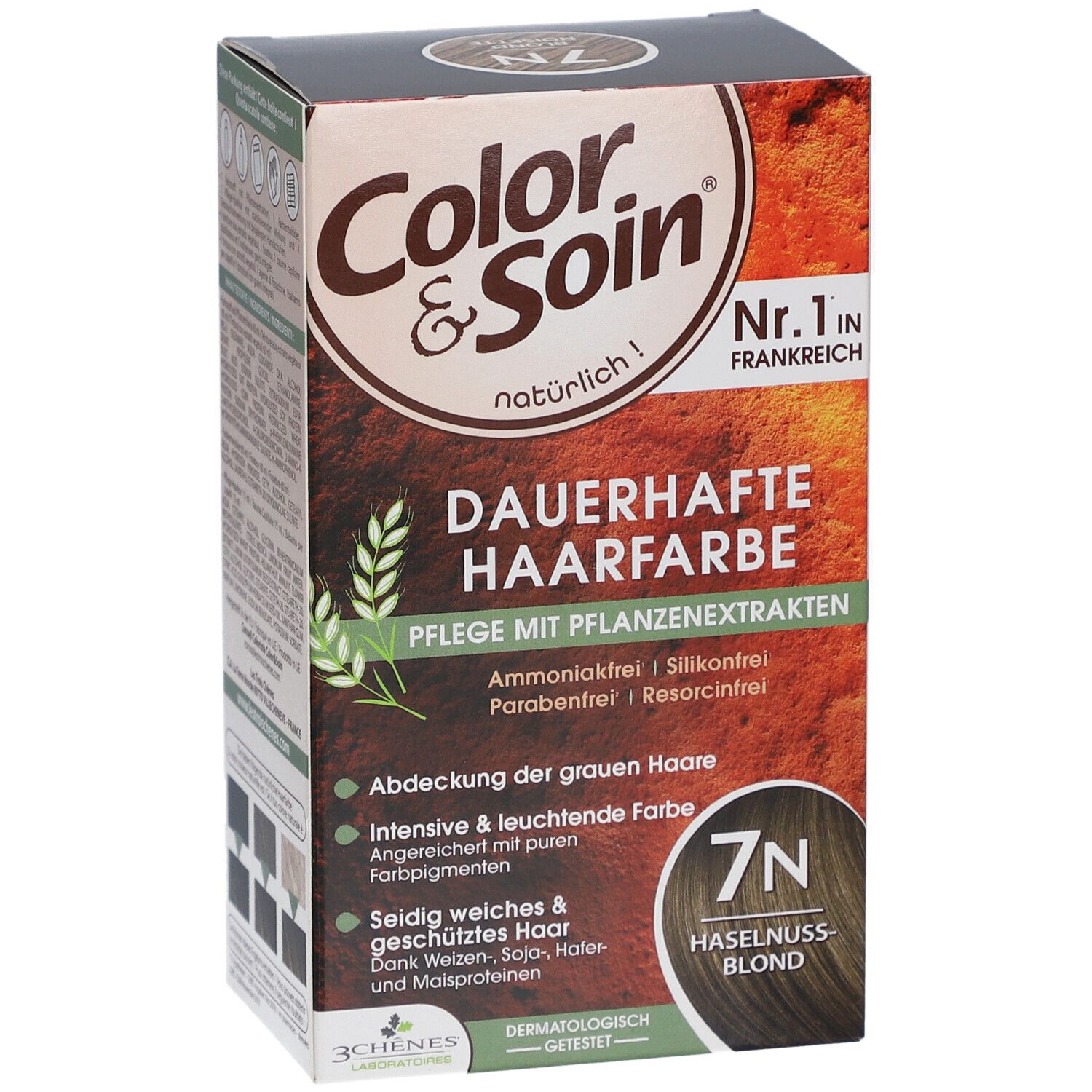 Boîte de coloration Color & Soin. Teinte 7N Blond Noisette. Texte: Coloration permanente, N°1 en France.