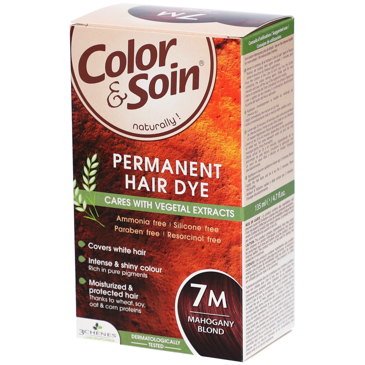 Haarfärbemittel-Box. "Color & Soin" mit "7M Mahagoni-Blond". Enthält pflanzliche Extrakte. Deckt graue Haare ab.