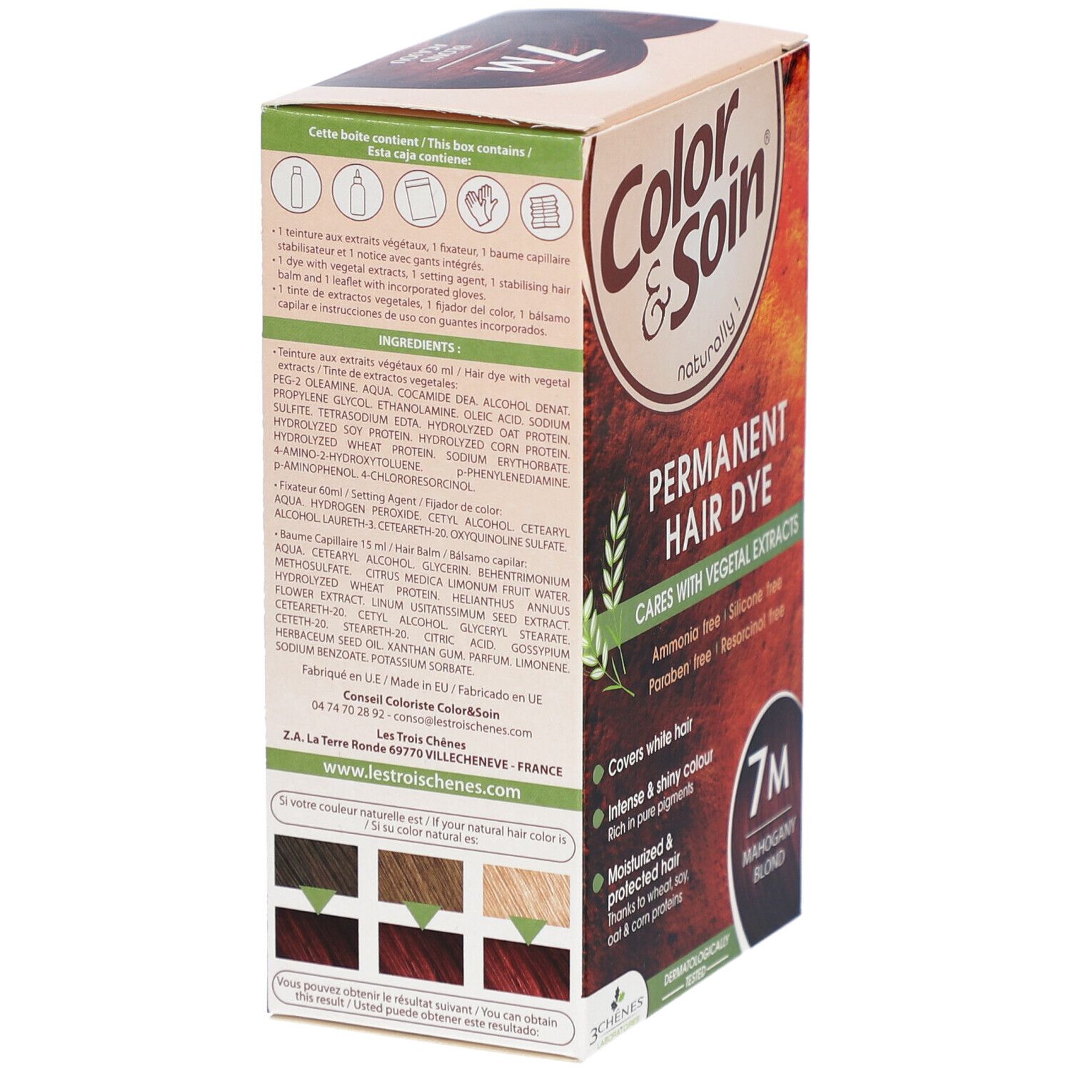 Box "Color & Soin" mit "7M". Enthält: Farbstoff, Balsam, Handschuhe, Gebrauchsanweisung. Rückseite mit Inhaltsstoffen.