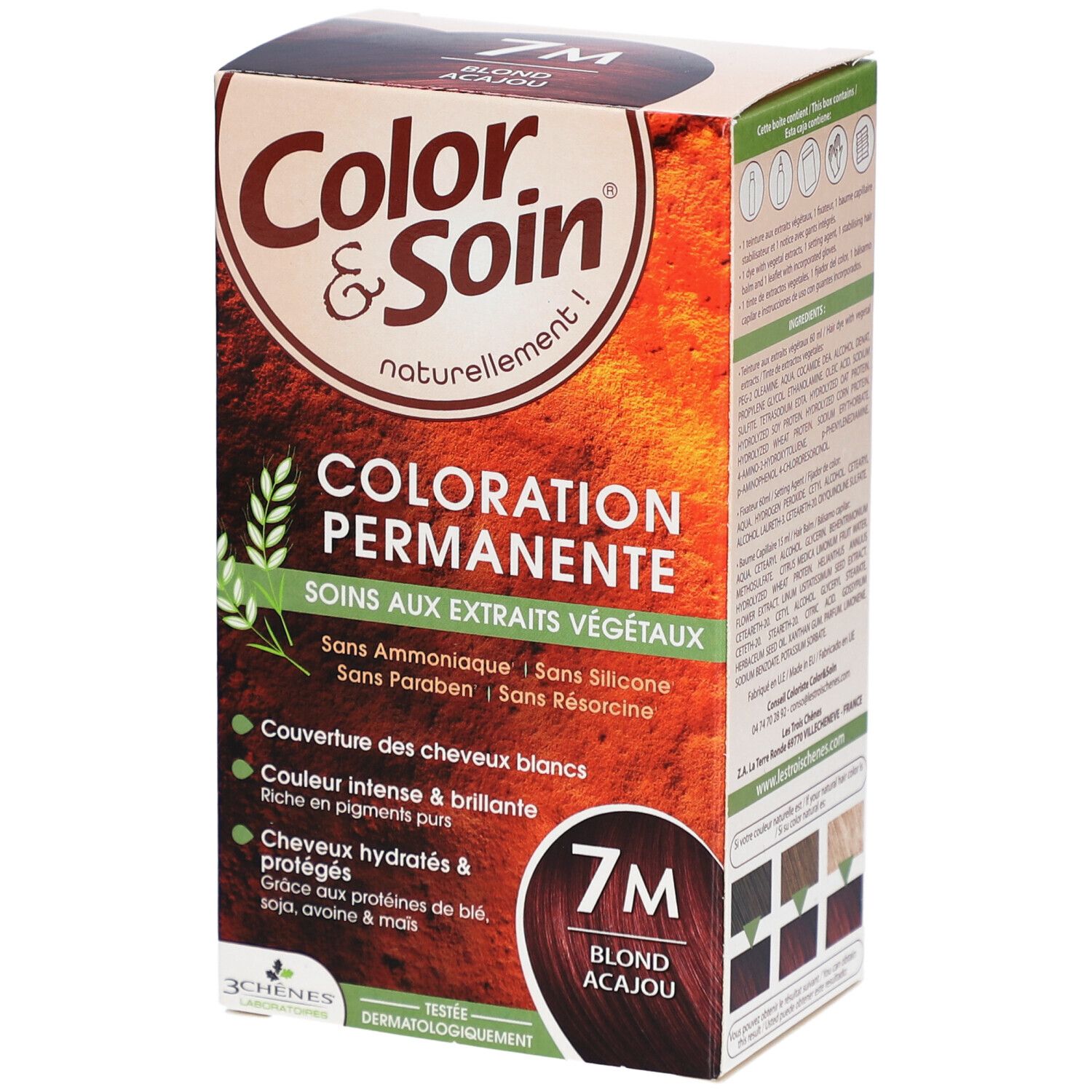 Box "Color & Soin" mit "7M Blond Acajou". Enthält pflanzliche Extrakte. Deckt graue Haare ab. Farbpalette.